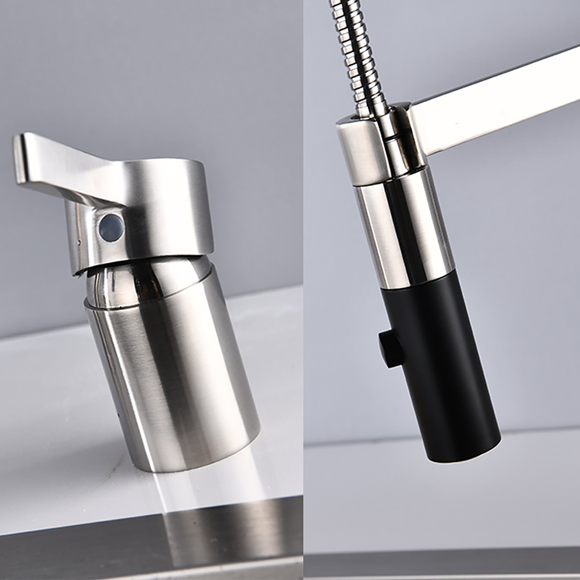 Single Handle Deck Mounted Spring Neck Pull Down Kitchen Faucet with Soap Dispenser