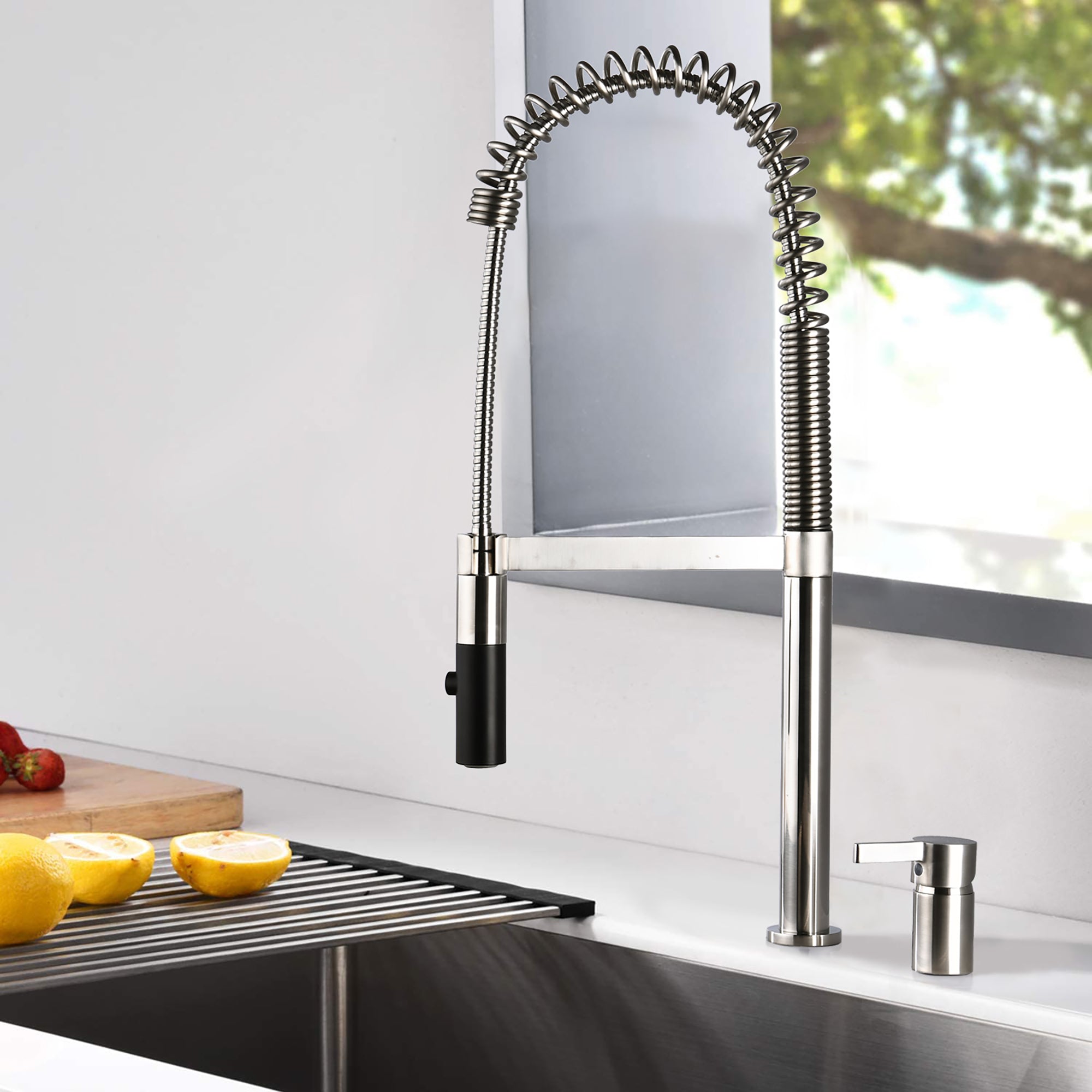 Single Handle Deck Mounted Spring Neck Pull Down Kitchen Faucet with Soap Dispenser