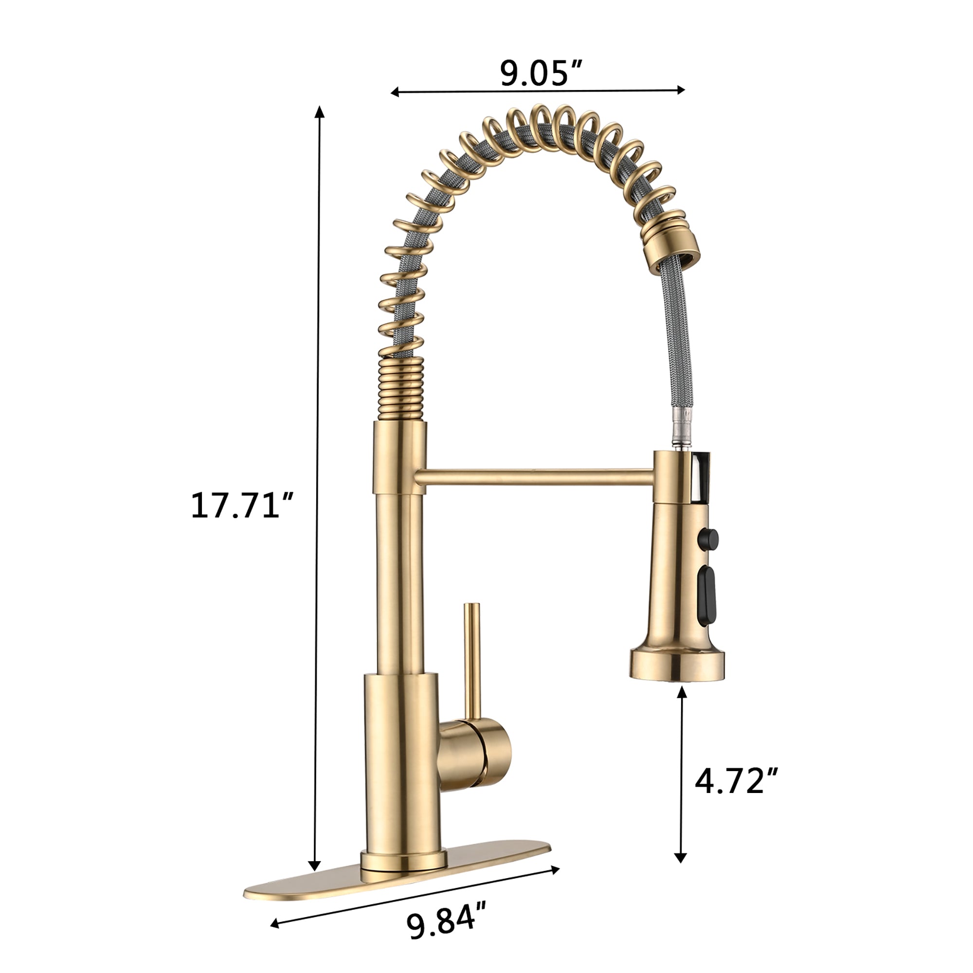 Single Handle Deck Mounted Spring Neck Pull Down Kitchen Faucet with Deckplate in Brushed Gold