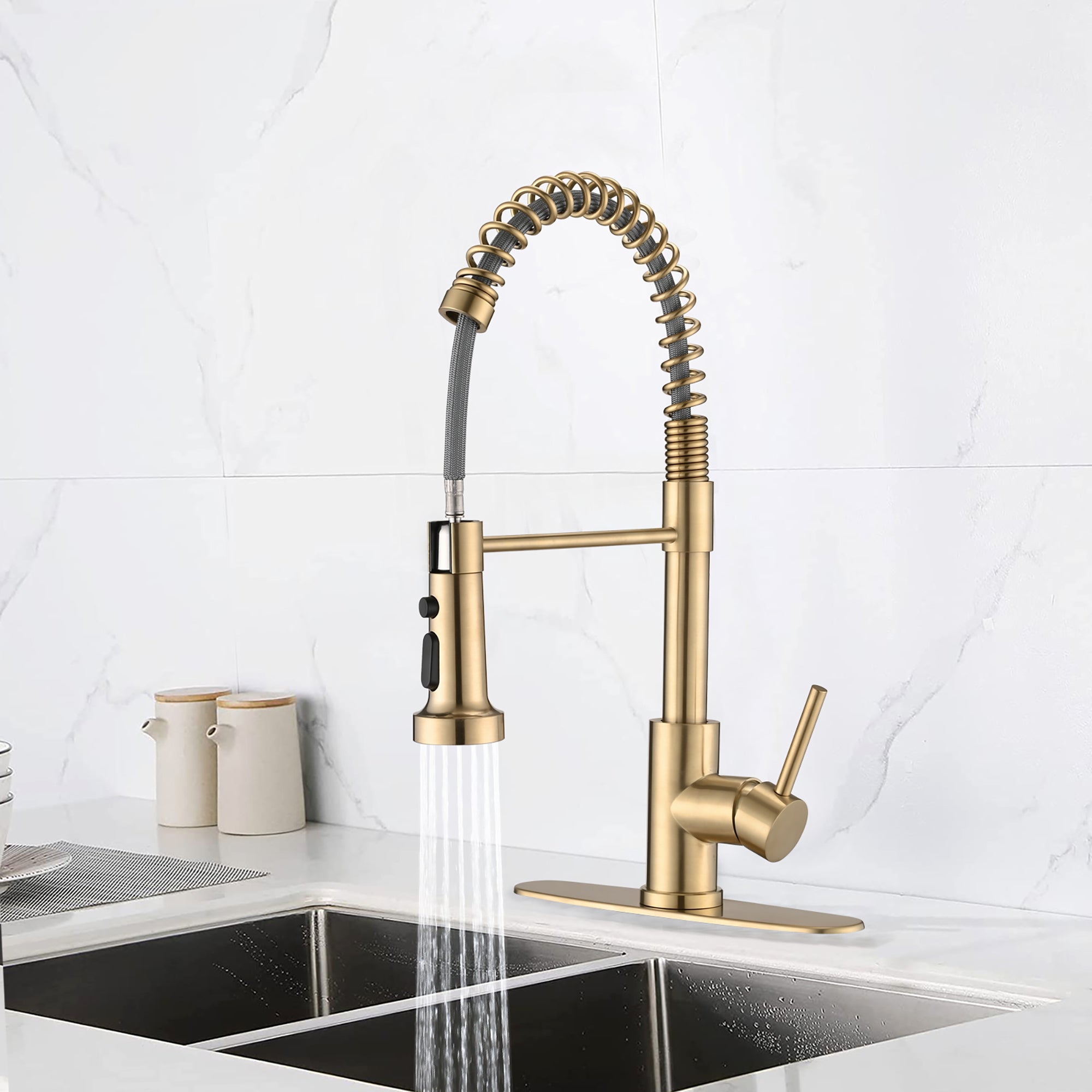 Single Handle Deck Mounted Spring Neck Pull Down Kitchen Faucet with Deckplate in Brushed Gold