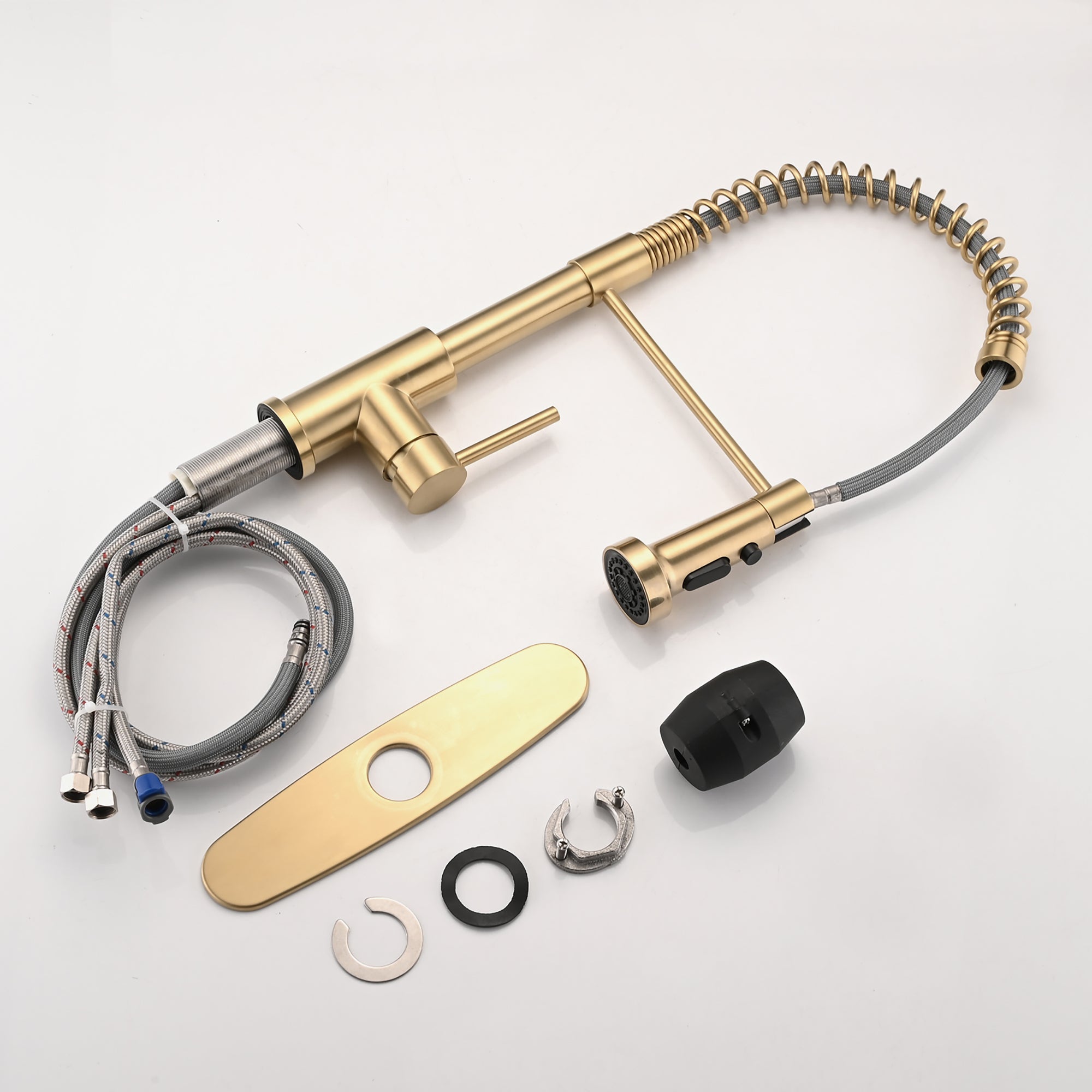 Single Handle Deck Mounted Spring Neck Pull Down Kitchen Faucet with Deckplate in Brushed Gold
