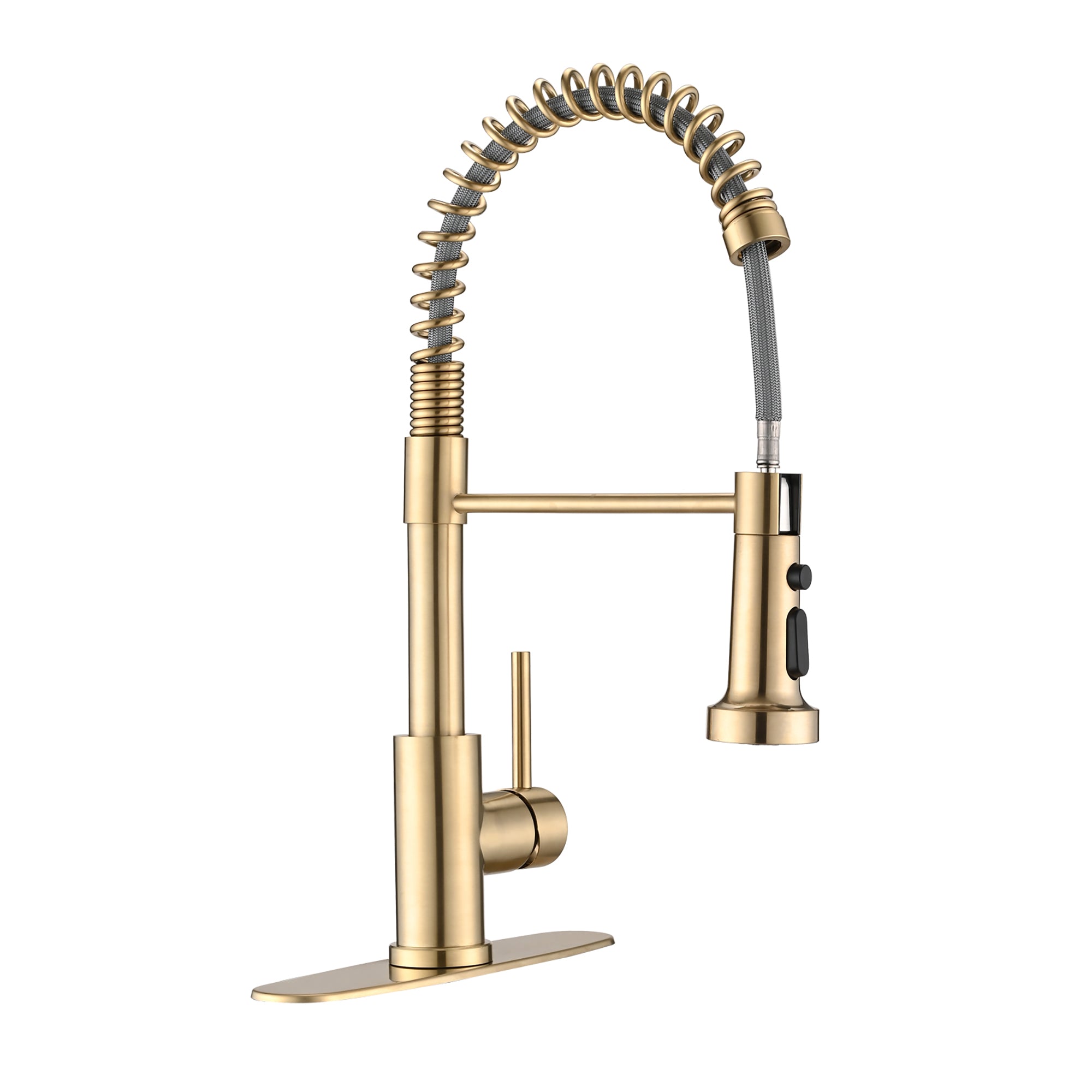 Single Handle Deck Mounted Spring Neck Pull Down Kitchen Faucet with Deckplate in Brushed Gold