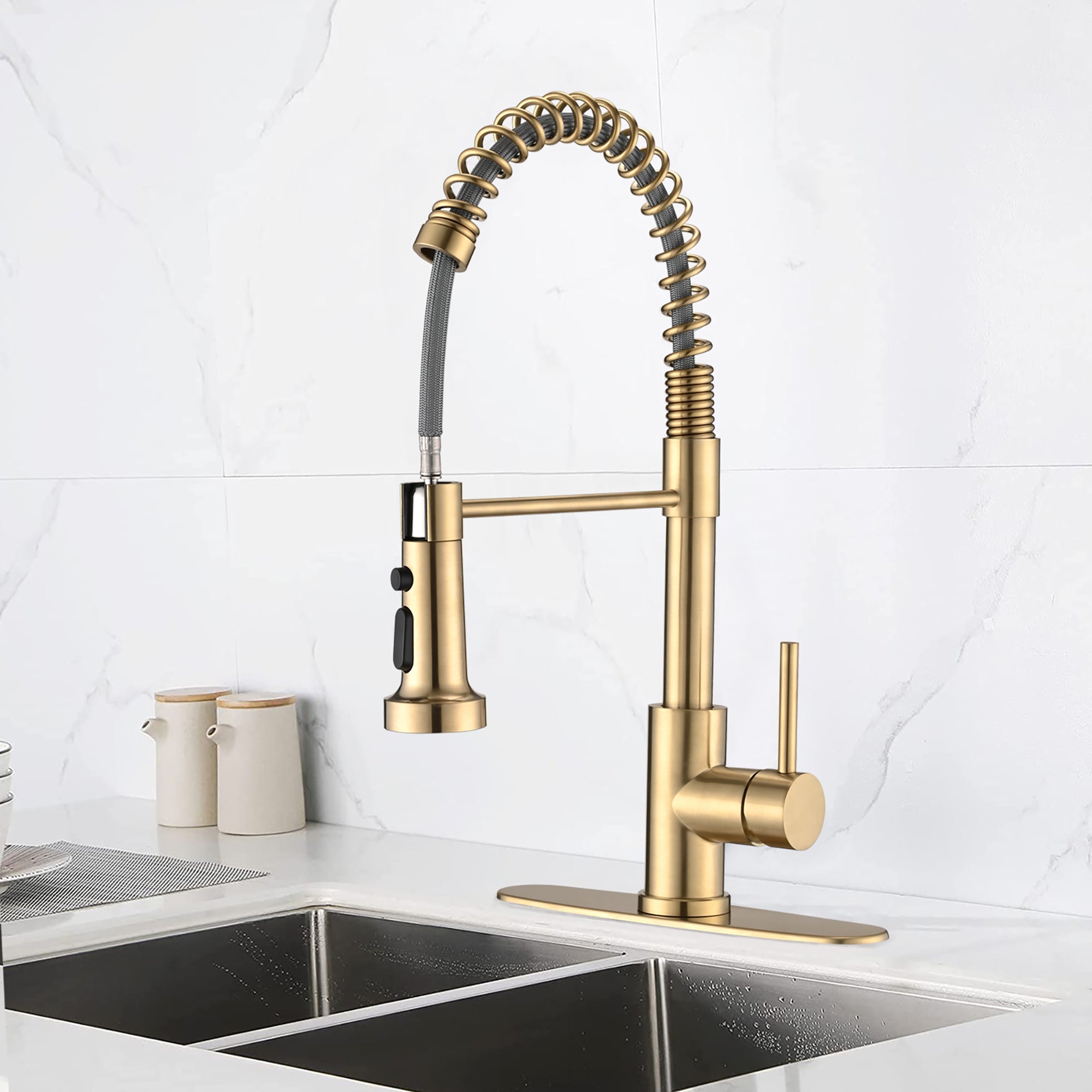 Single Handle Deck Mounted Spring Neck Pull Down Kitchen Faucet with Deckplate in Brushed Gold