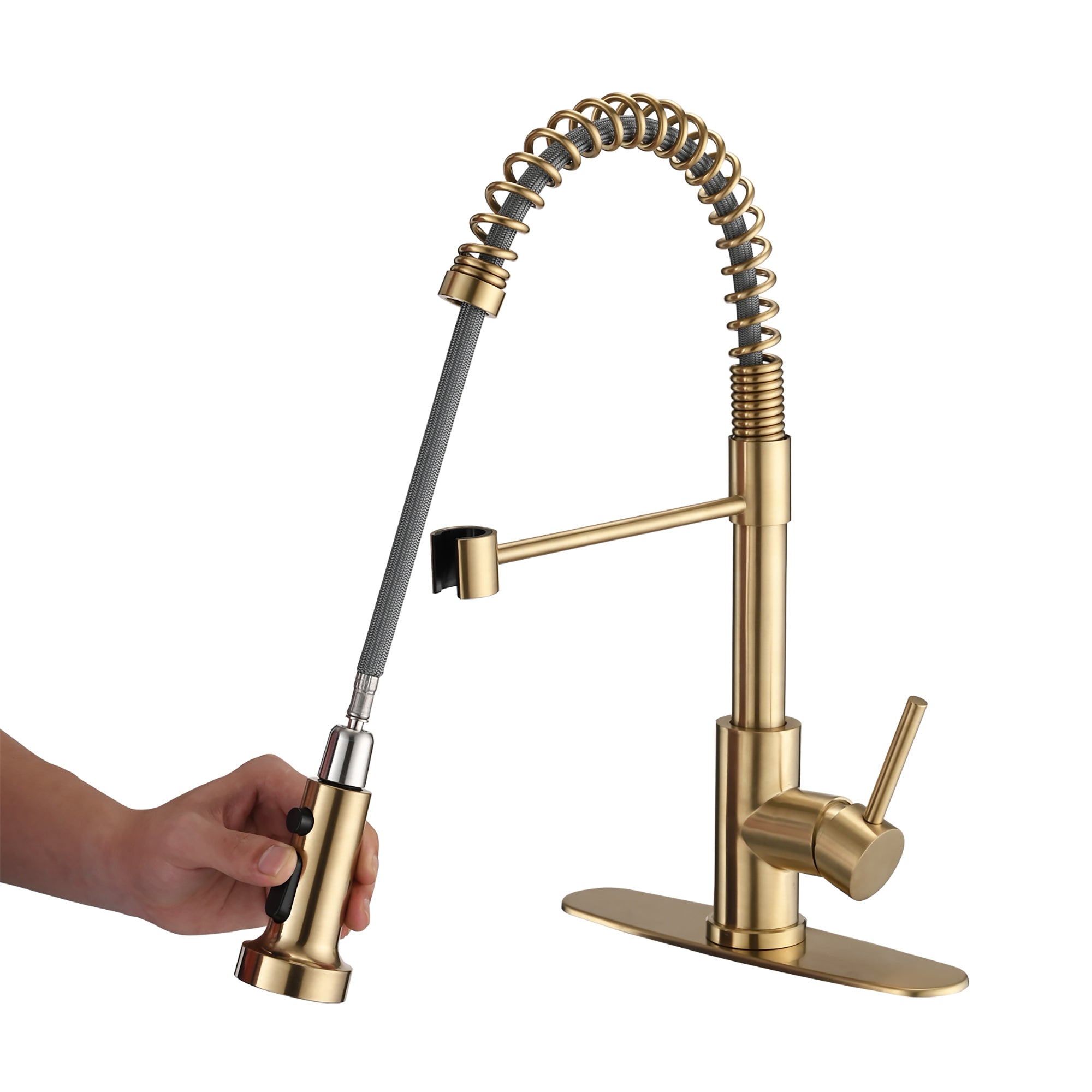 Single Handle Deck Mounted Spring Neck Pull Down Kitchen Faucet with Deckplate in Brushed Gold