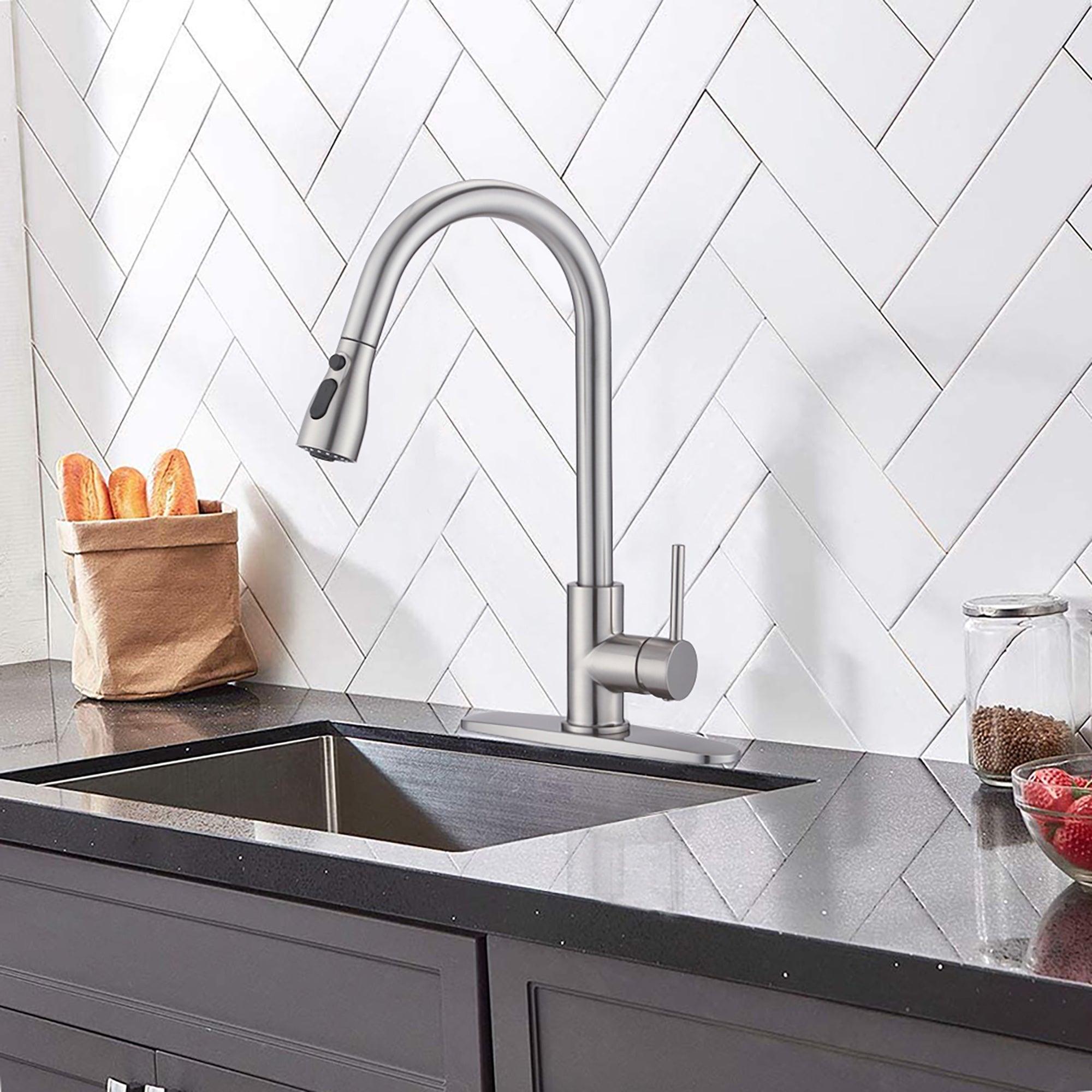 Single Handle Deck Mounted High Arc Pull Down Kitchen Faucet with Deckplate