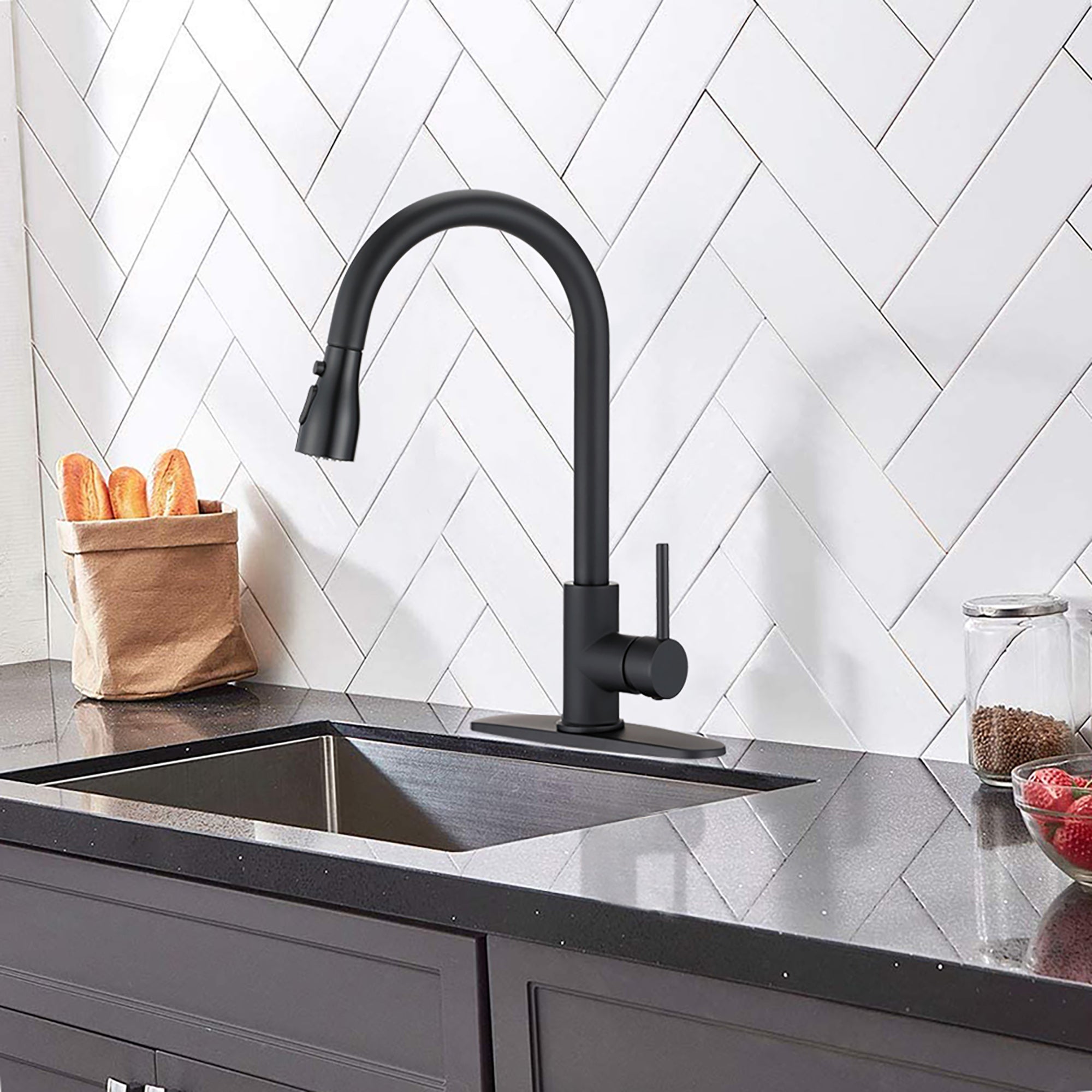 Single Handle Deck Mounted High Arc Pull Down Kitchen Faucet with Deckplate