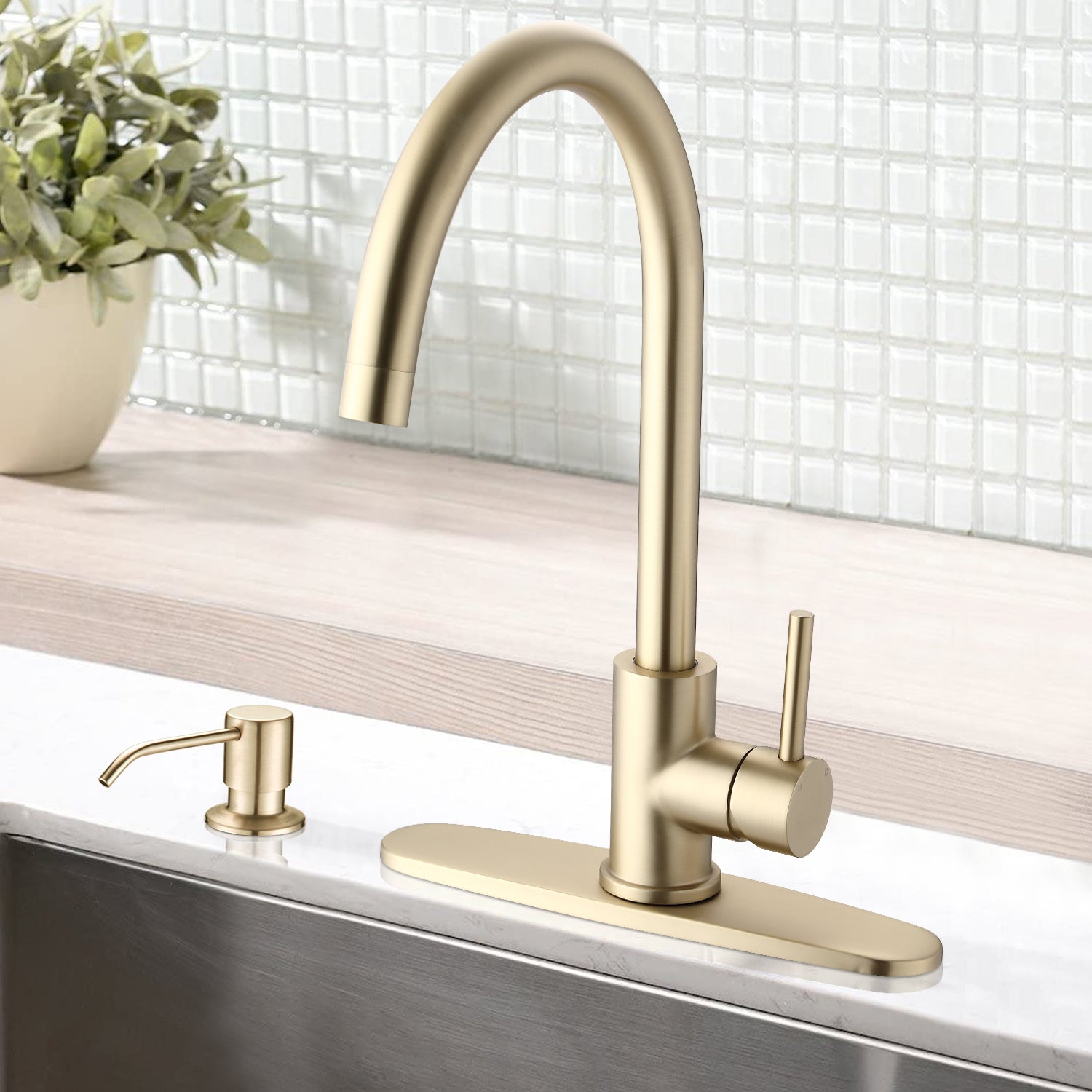 Single Handle Deck Mounted High Arc Kitchen Faucet with Soap Dispenser
