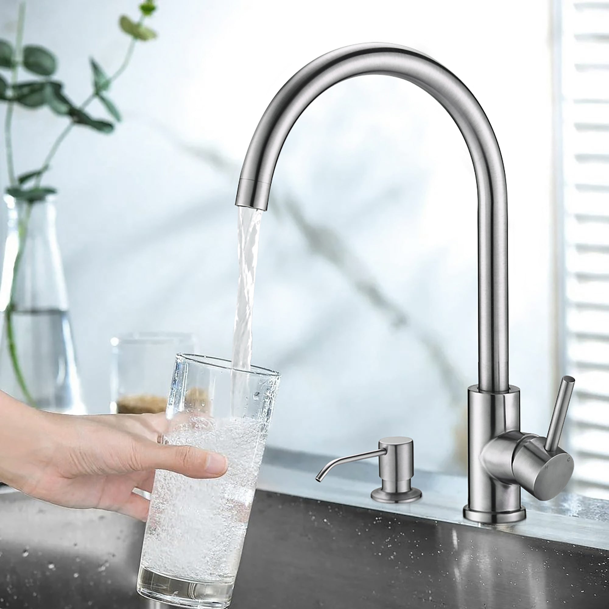 Single Handle Deck Mounted High Arc Kitchen Faucet with Soap Dispenser