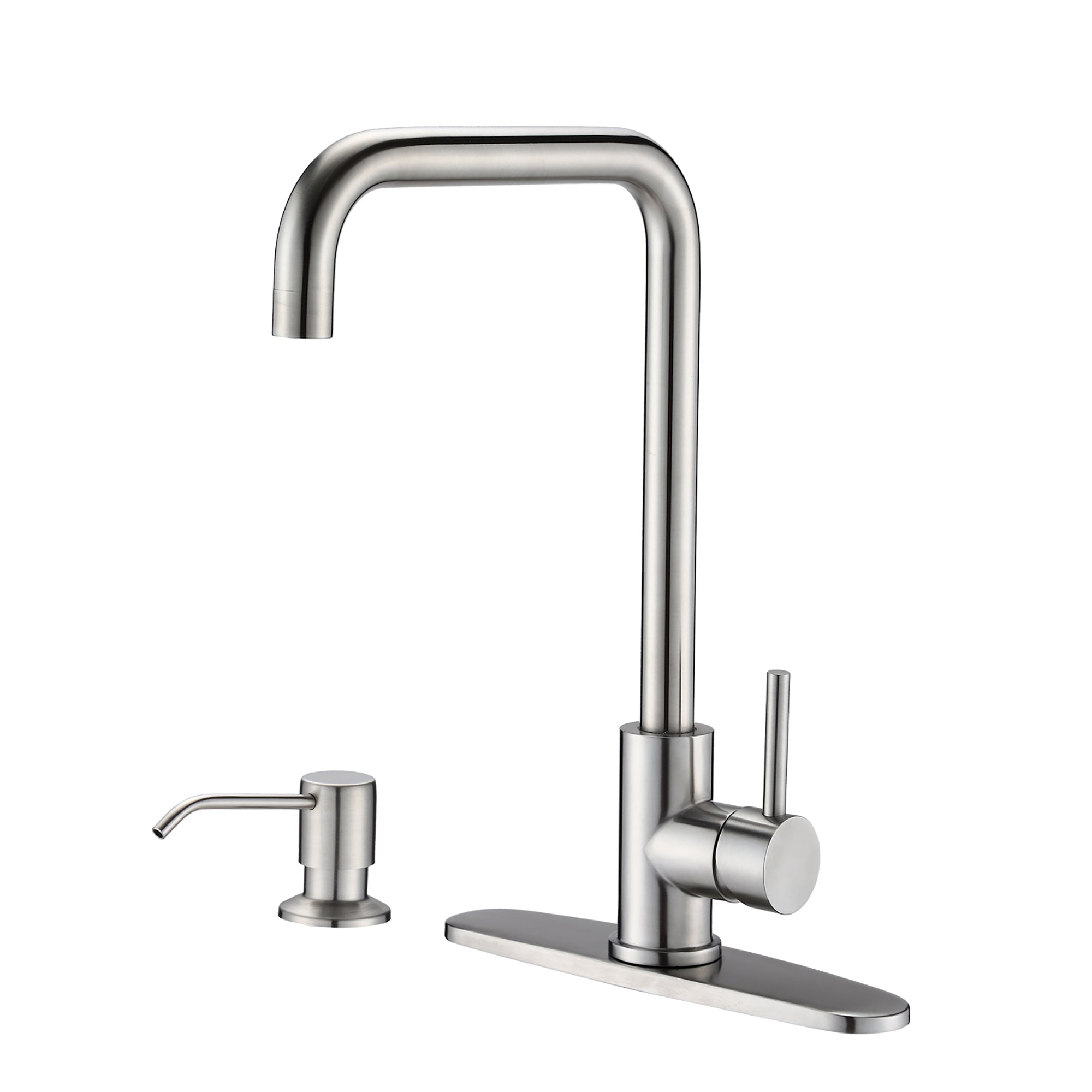 Single Handle Deck Mounted High Arc Kitchen Faucet with Soap Dispenser in Brushed Nickel