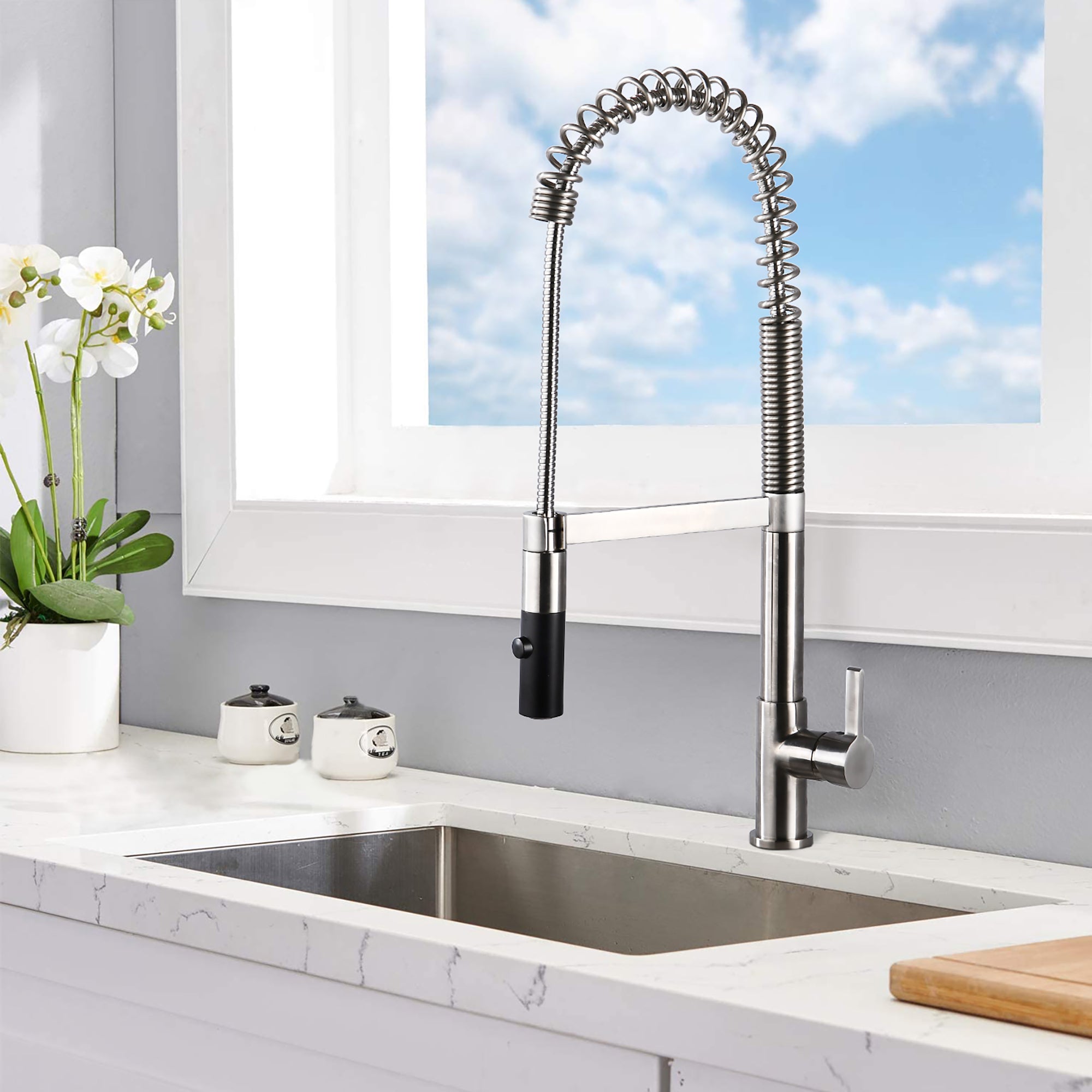 Single Handle Deck Mounted Spring Neck Pull Down Kitchen Faucet with Deckplate in Brushed Nickel