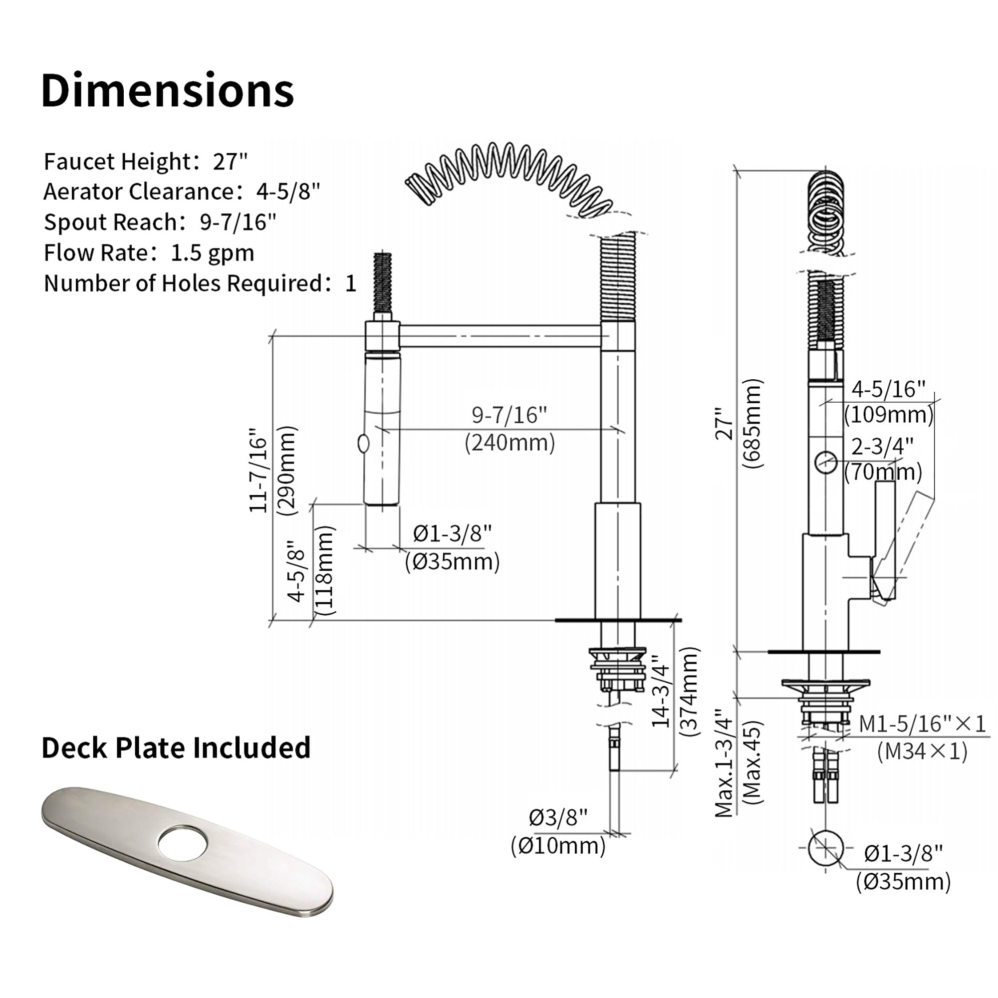 Single Handle Deck Mounted Spring Neck Pull Down Kitchen Faucet with Deckplate in Brushed Nickel