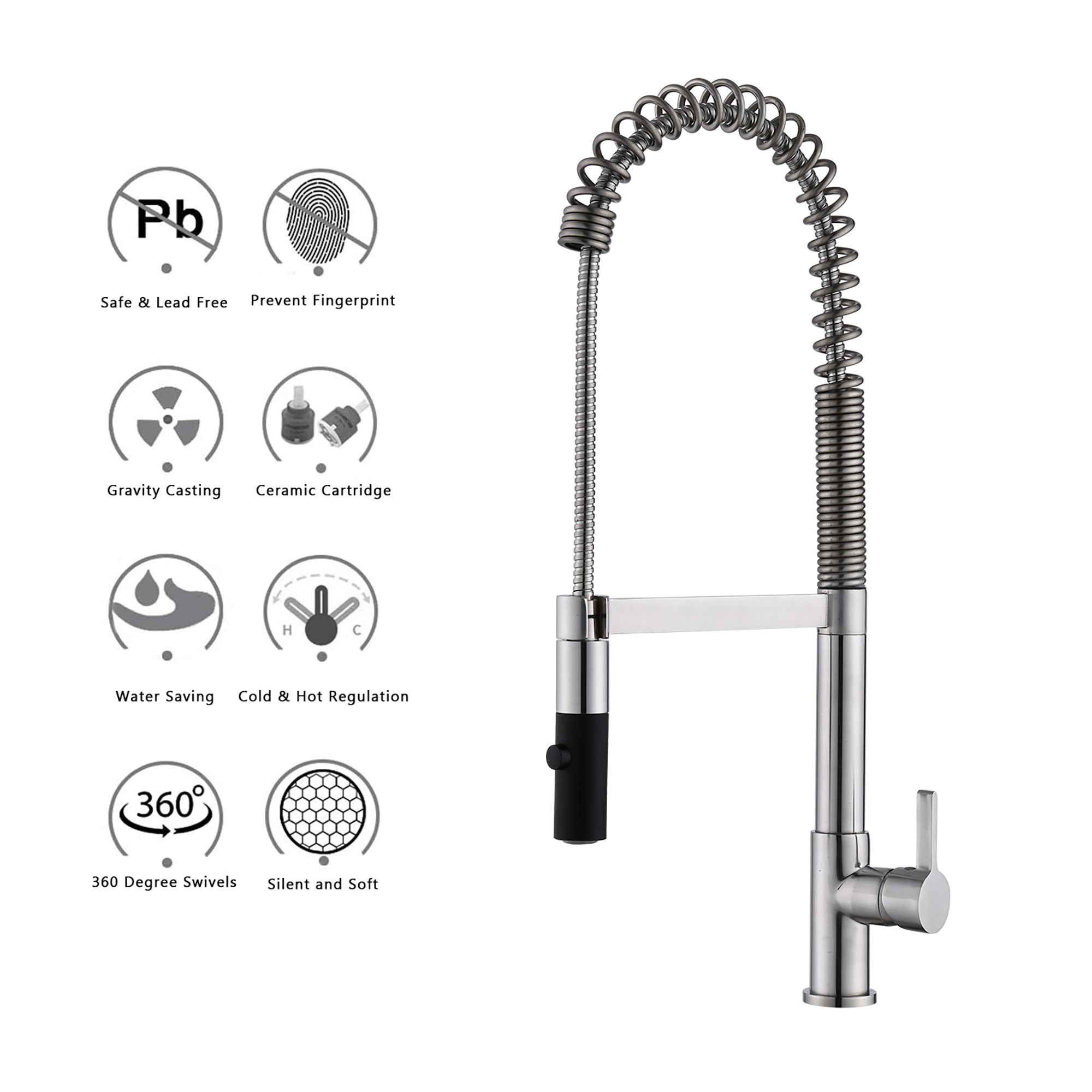 Single Handle Deck Mounted Spring Neck Pull Down Kitchen Faucet with Deckplate in Brushed Nickel