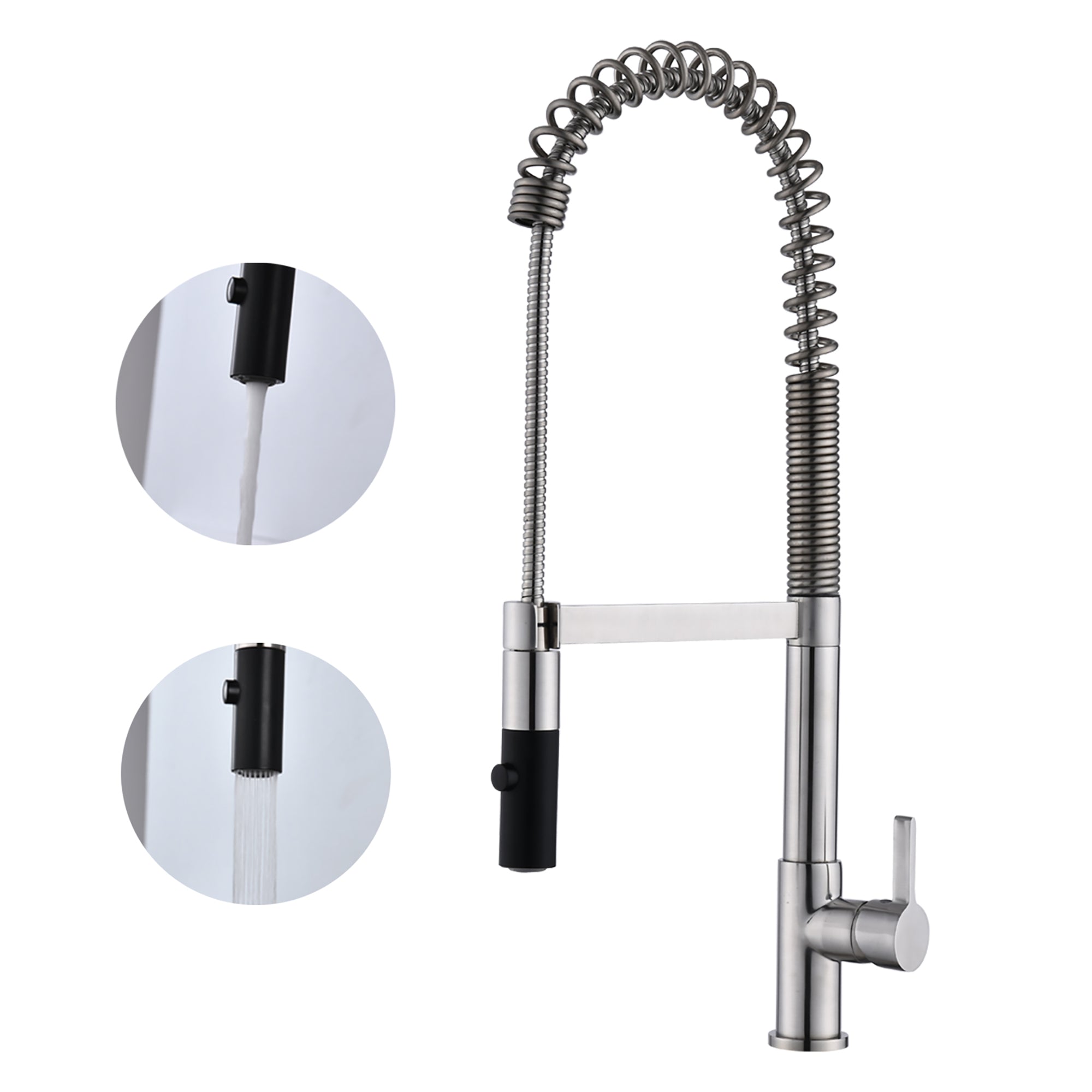 Single Handle Deck Mounted Spring Neck Pull Down Kitchen Faucet with Deckplate in Brushed Nickel