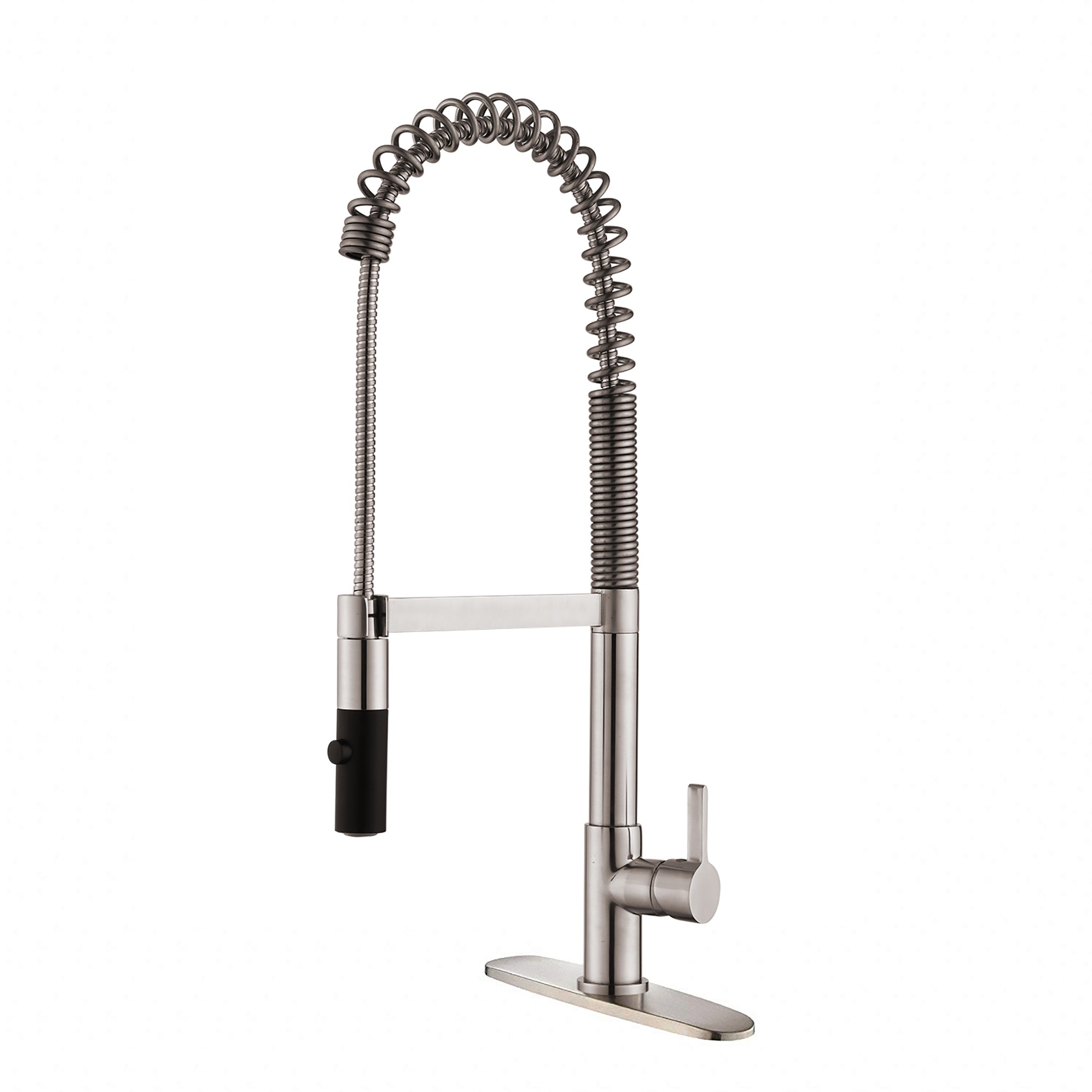 Single Handle Deck Mounted Spring Neck Pull Down Kitchen Faucet with Deckplate in Brushed Nickel