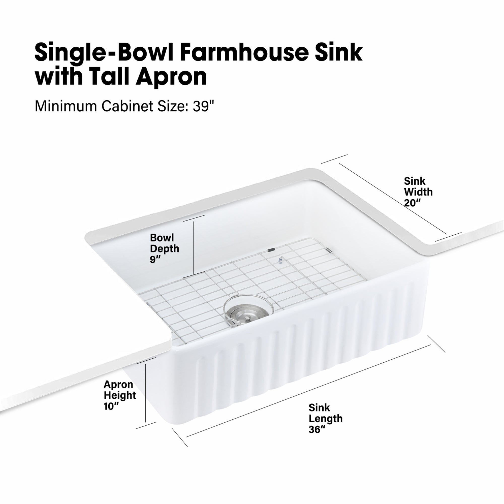 White Fireclay Farmhouse Apron Kitchen Sink with Grid and Strainer