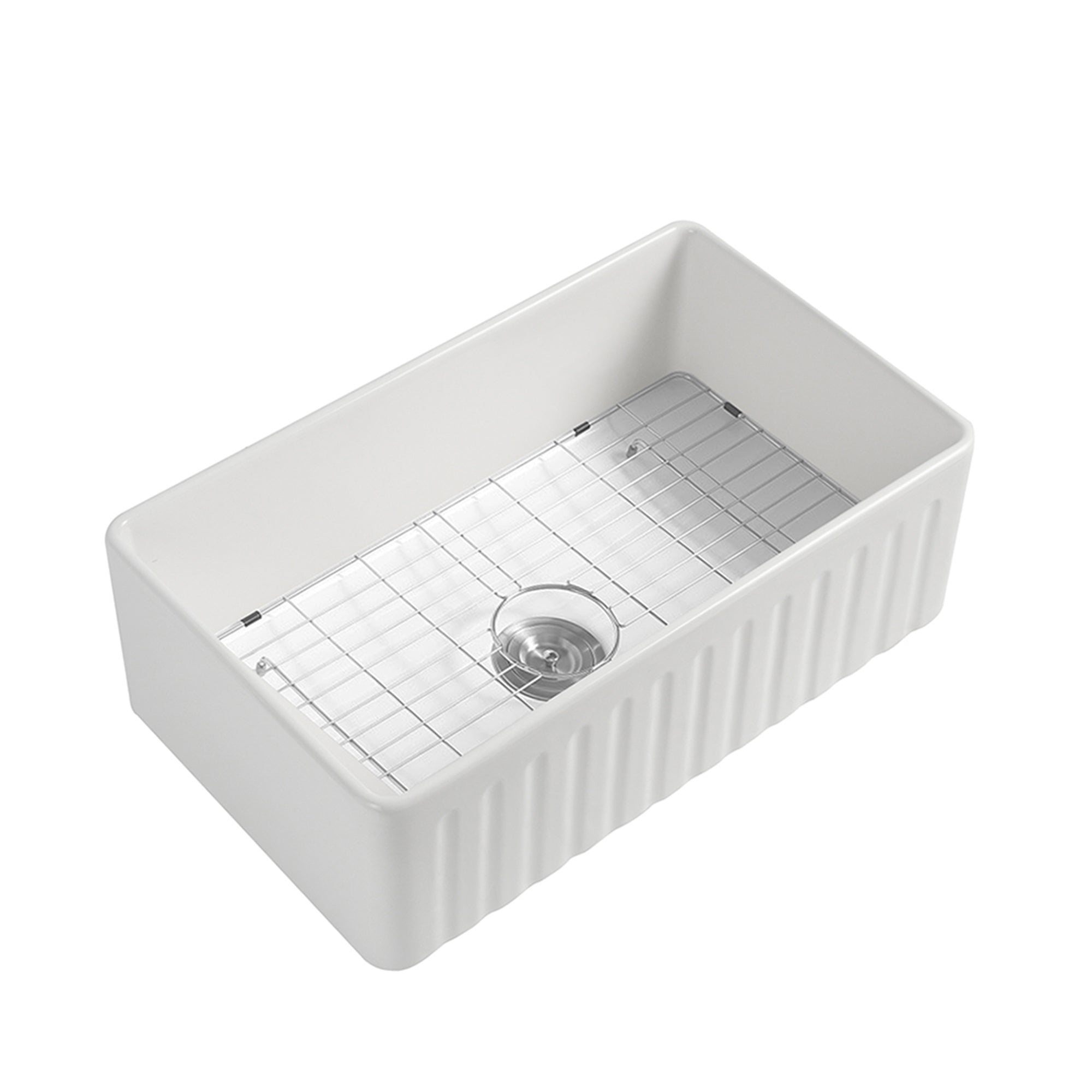 White Fireclay Farmhouse Apron Kitchen Sink with Grid and Strainer