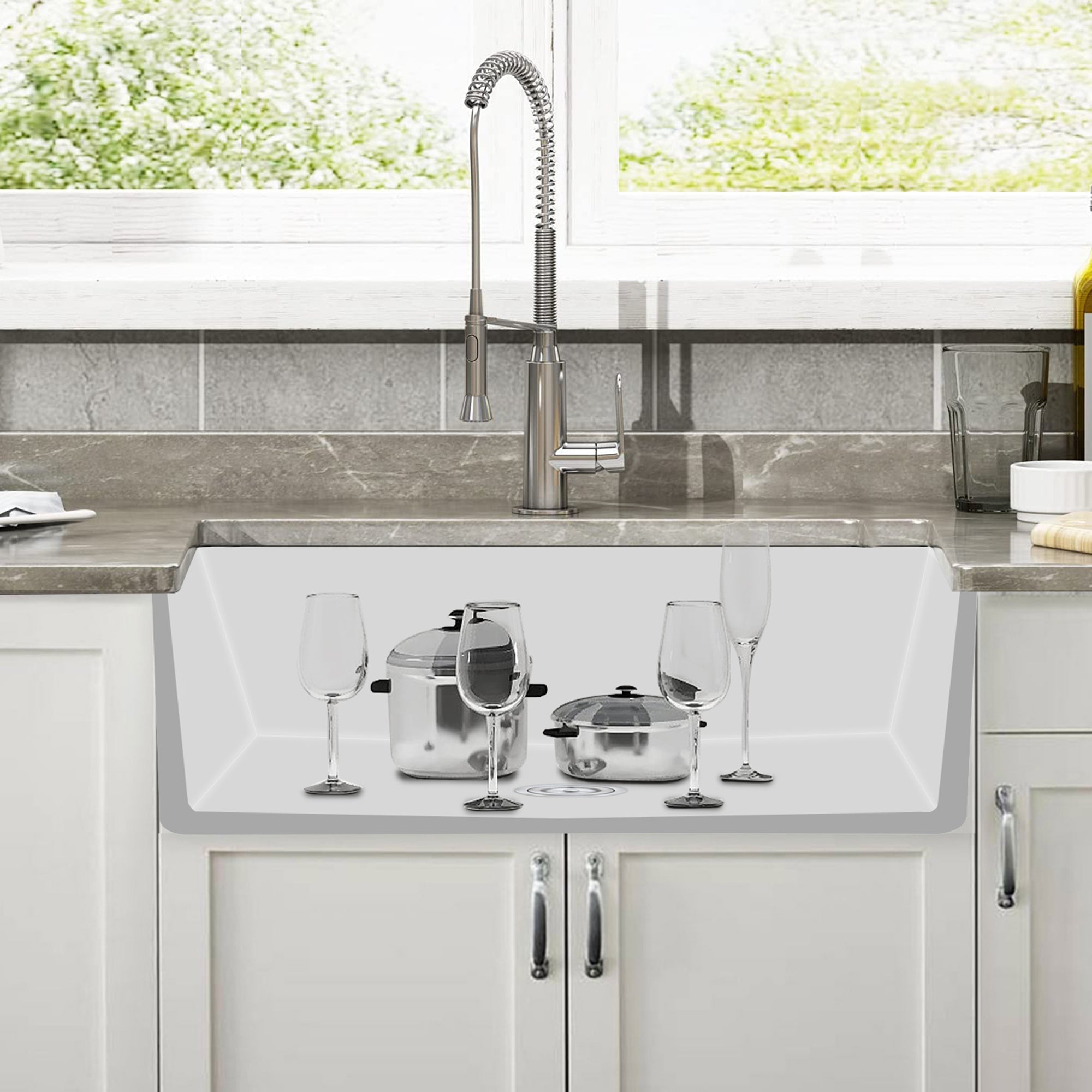 White Fireclay Farmhouse Apron Kitchen Sink with Grid and Strainer