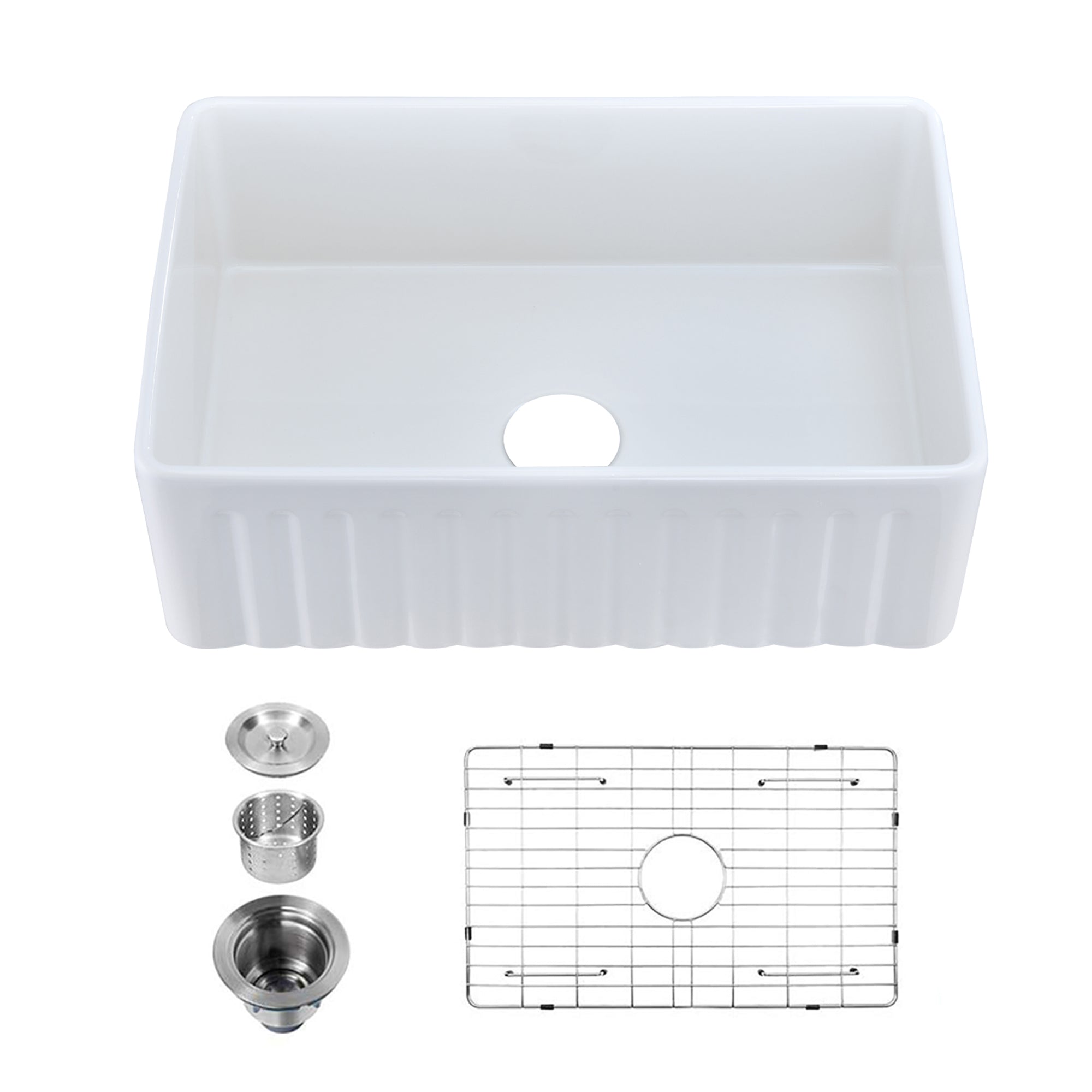 White Fireclay Farmhouse Apron Kitchen Sink with Grid and Strainer