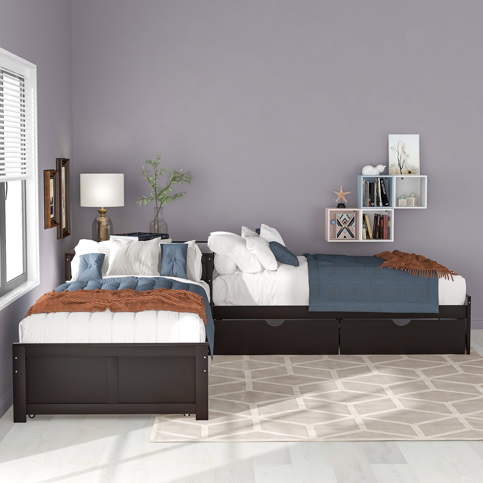 Twin Wood Frame Platform Bed with Trundle and Drawers Linked with built-in Desk