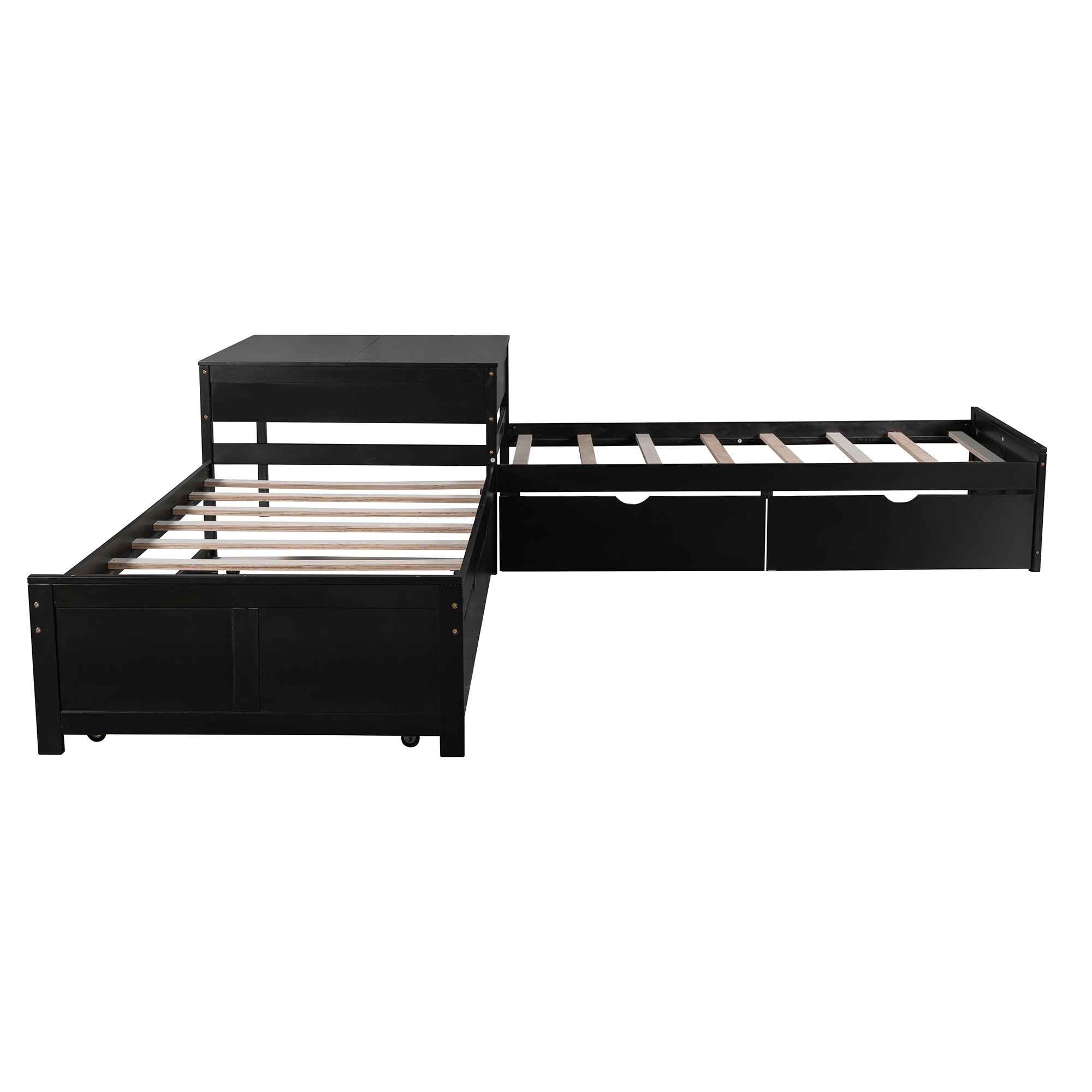 Twin Wood Frame Platform Bed with Trundle and Drawers Linked with built-in Desk