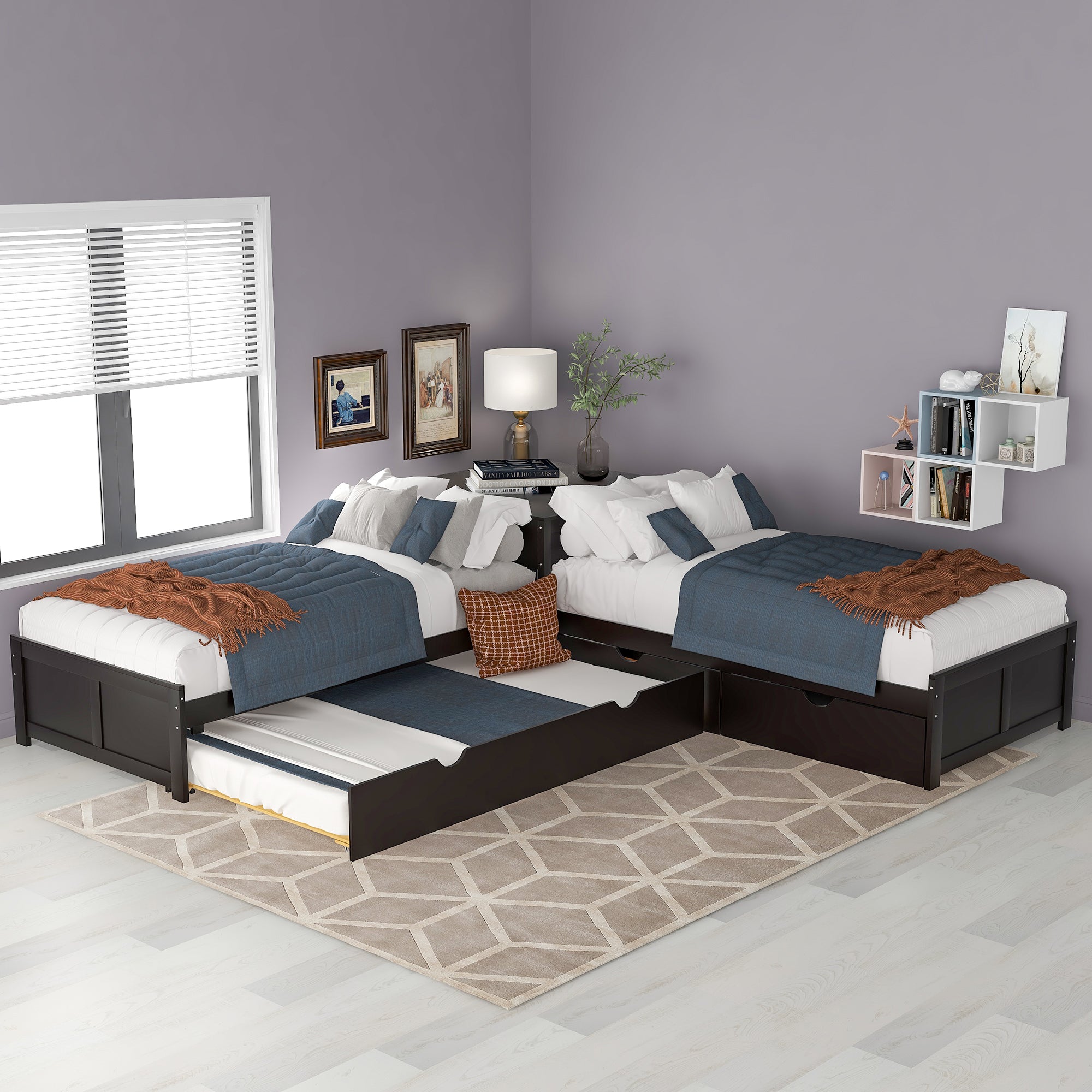 Twin Wood Frame Platform Bed with Trundle and Drawers Linked with built-in Desk