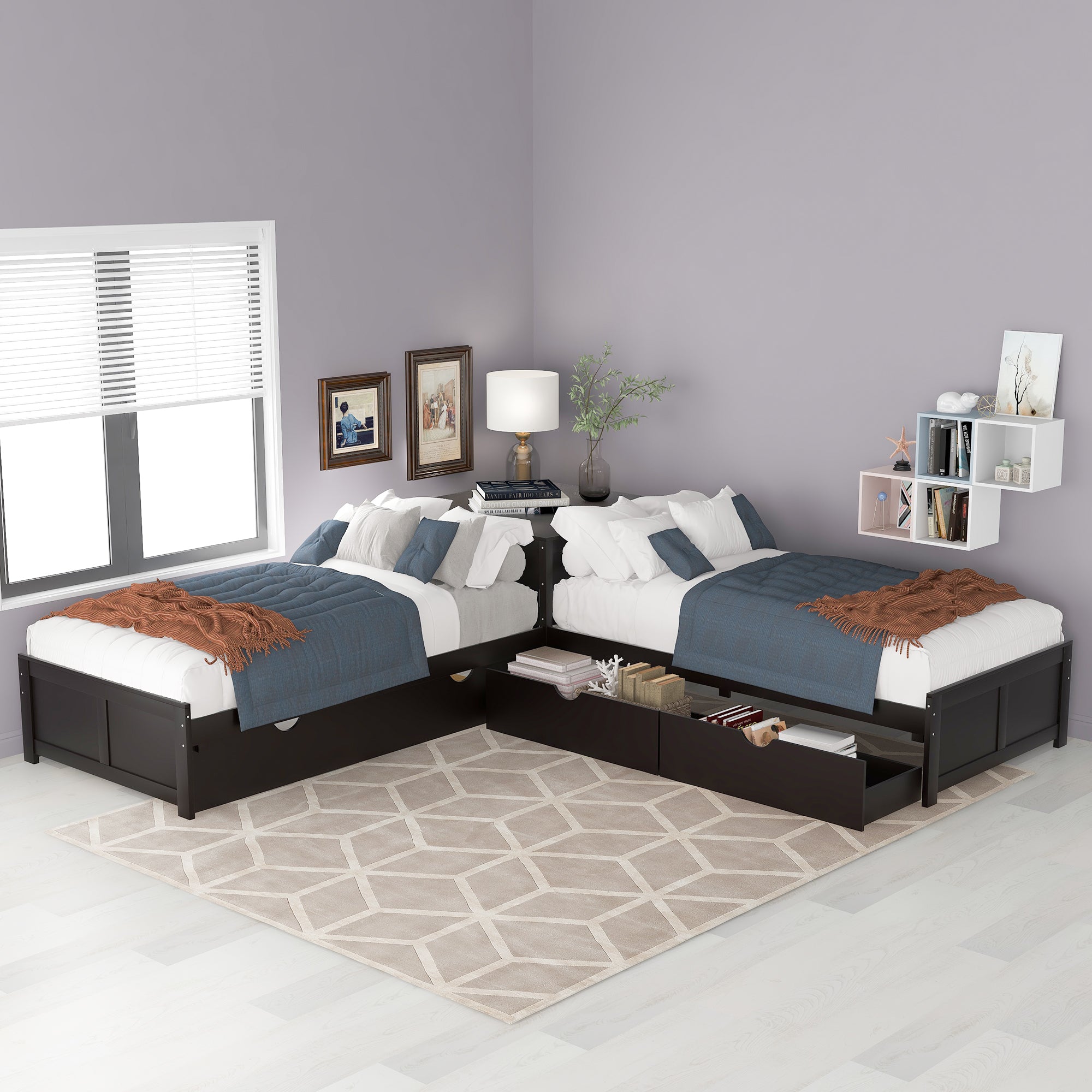 Twin Wood Frame Platform Bed with Trundle and Drawers Linked with built-in Desk
