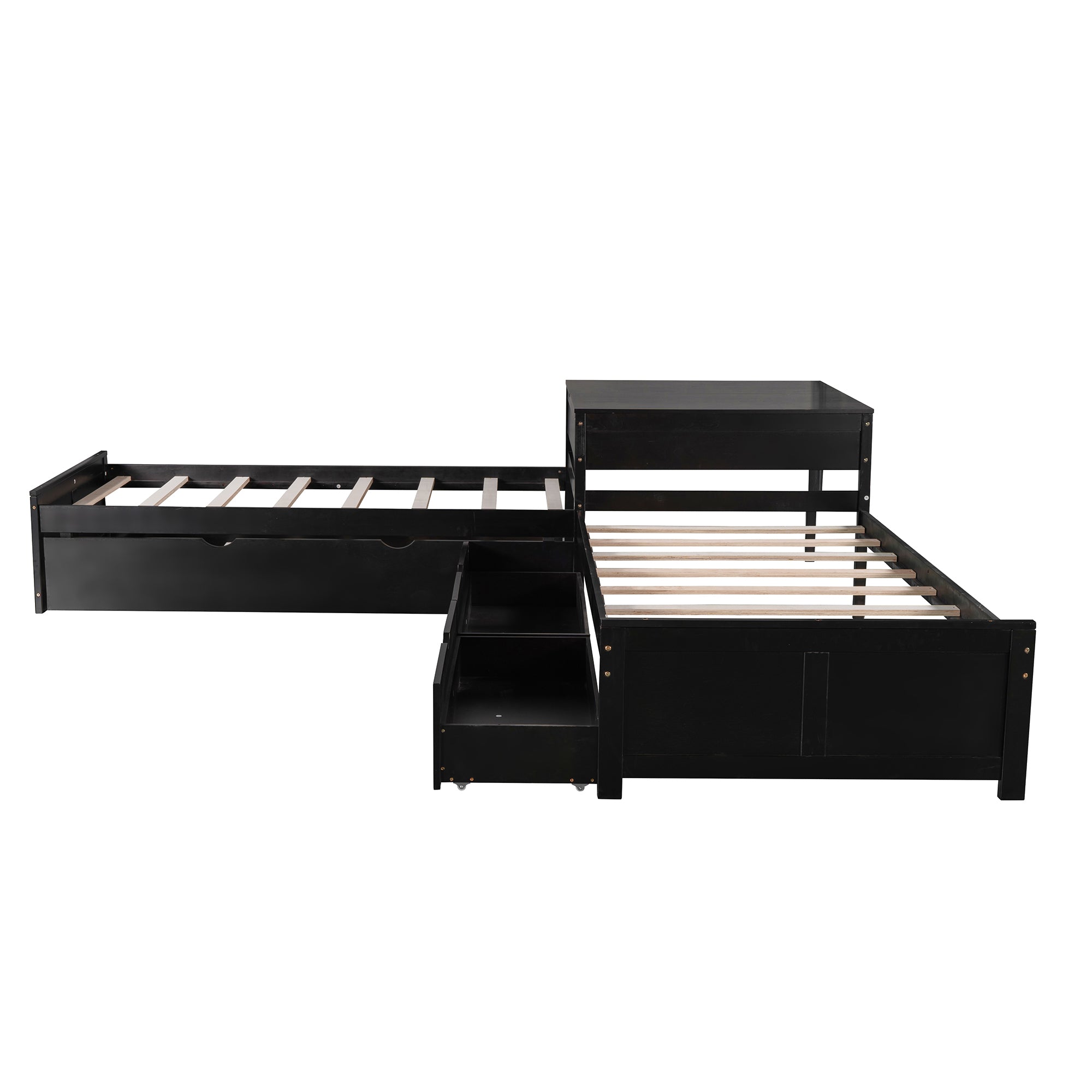 Twin Wood Frame Platform Bed with Trundle and Drawers Linked with built-in Desk