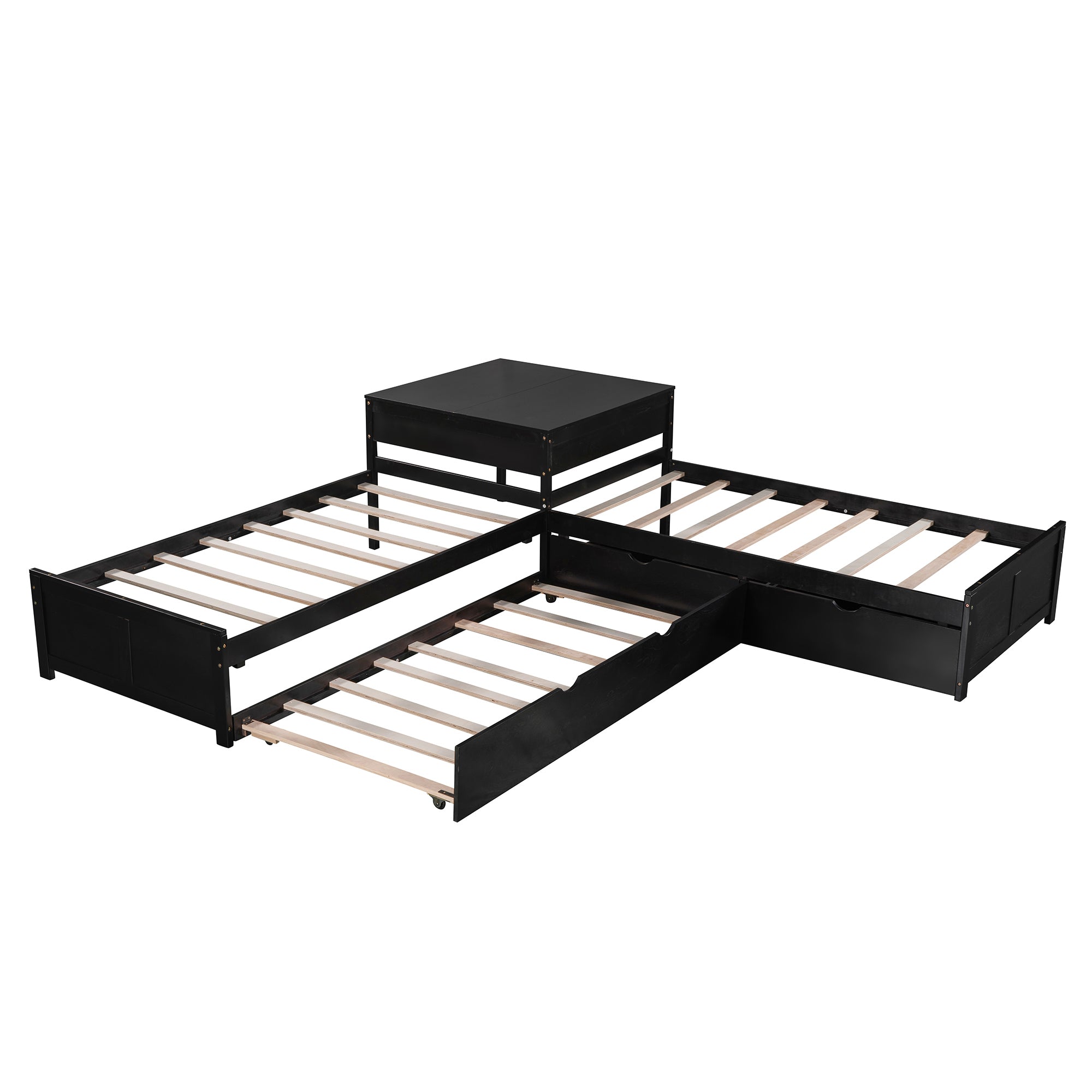 Twin Wood Frame Platform Bed with Trundle and Drawers Linked with built-in Desk