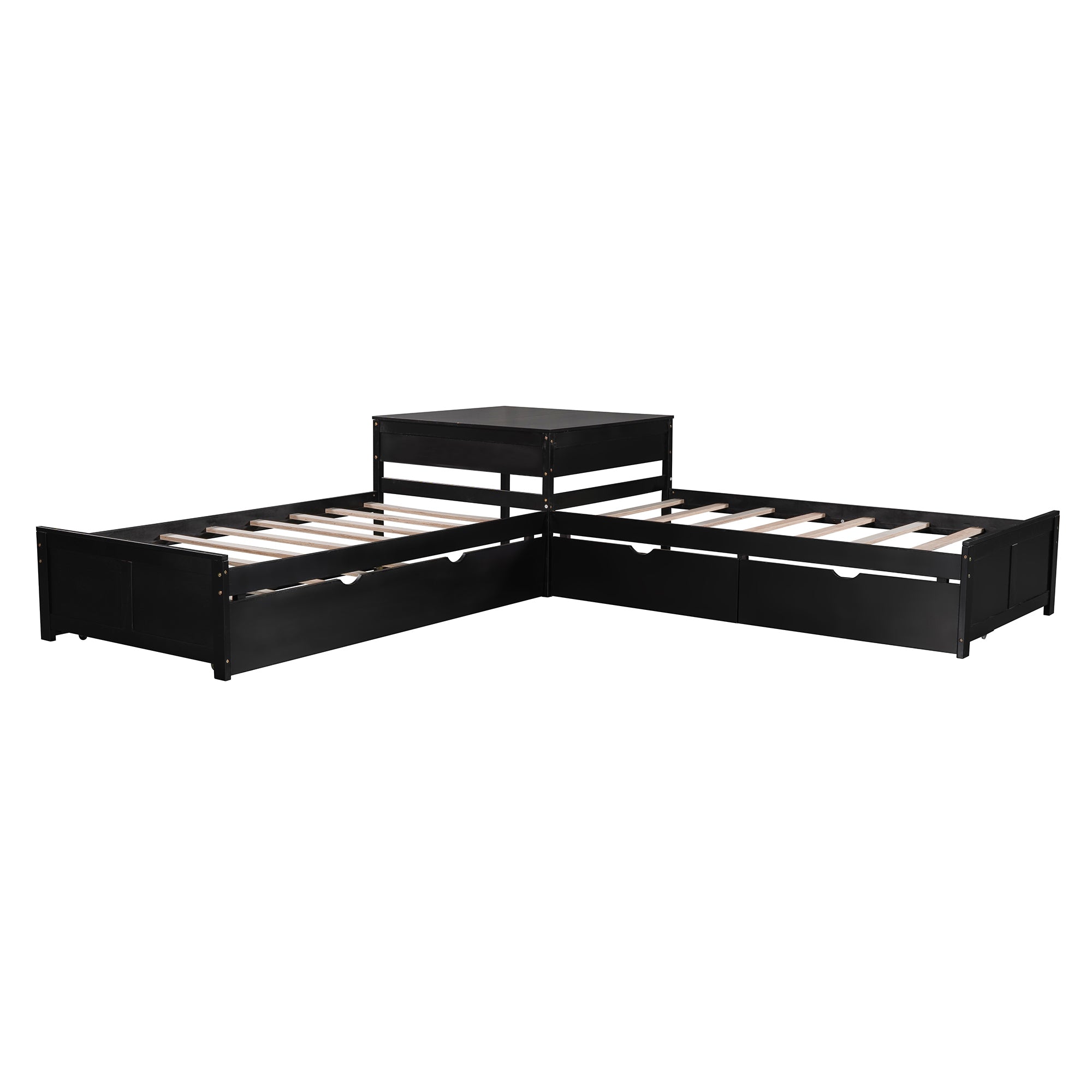 Twin Wood Frame Platform Bed with Trundle and Drawers Linked with built-in Desk