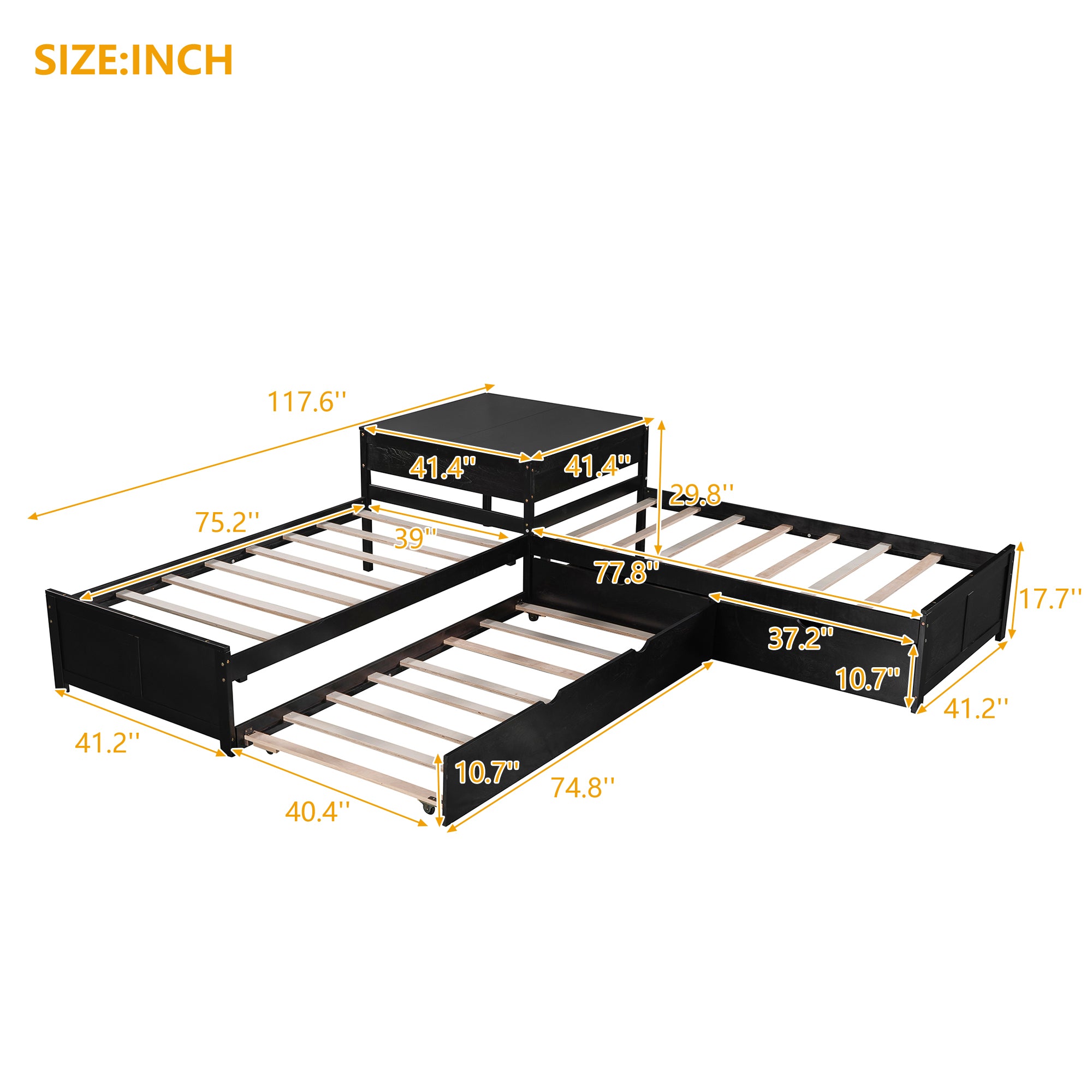 Twin Wood Frame Platform Bed with Trundle and Drawers Linked with built-in Desk