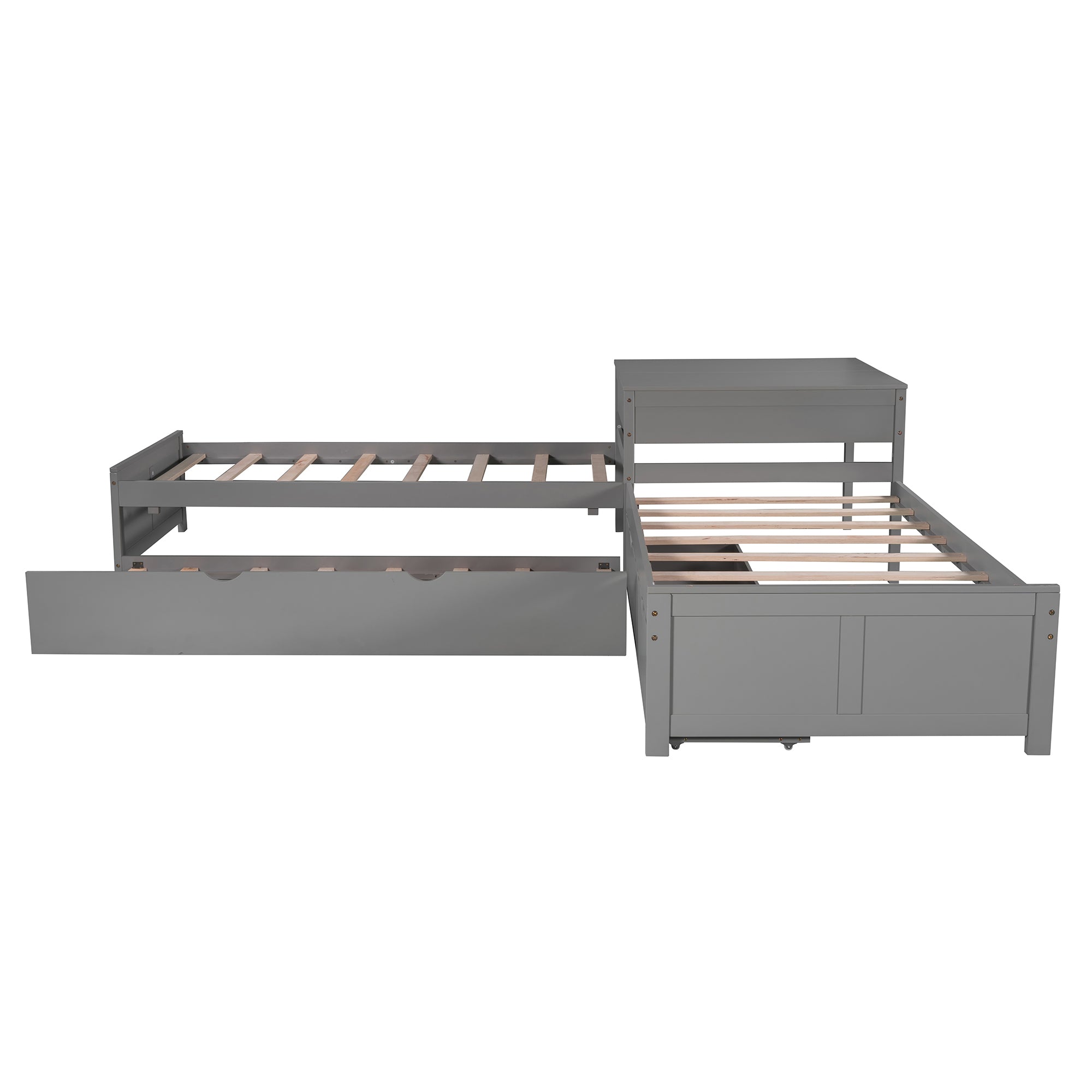 Twin Wood Frame Platform Bed with Trundle and Drawers Linked with built-in Desk