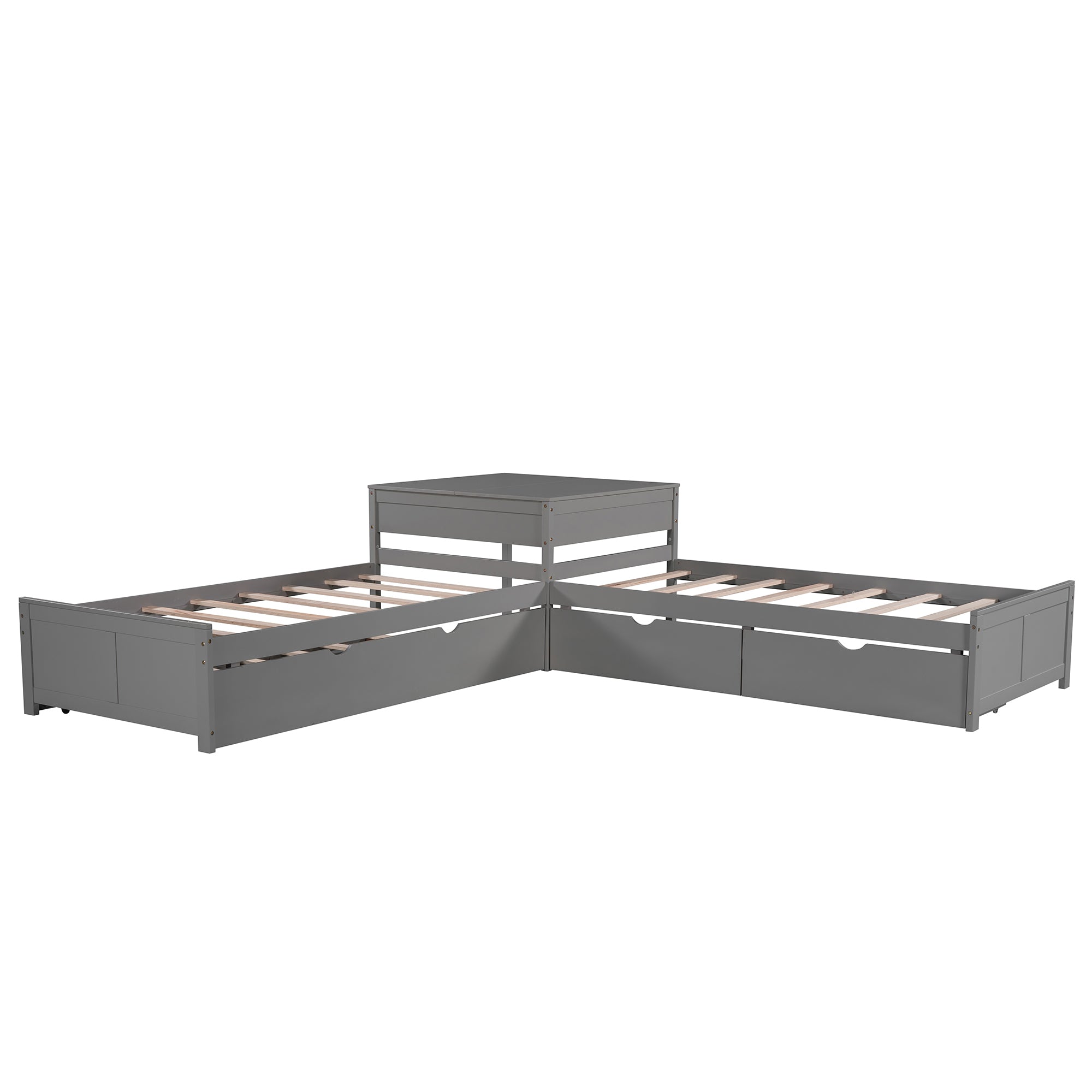 Twin Wood Frame Platform Bed with Trundle and Drawers Linked with built-in Desk