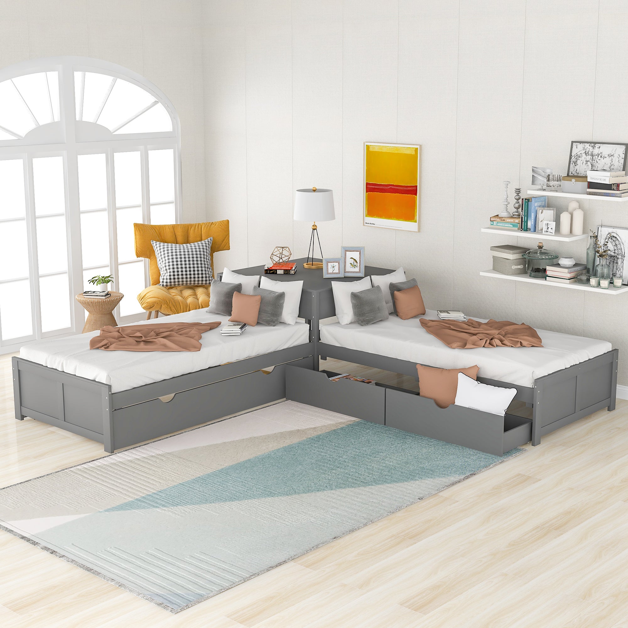 Twin Wood Frame Platform Bed with Trundle and Drawers Linked with built-in Desk