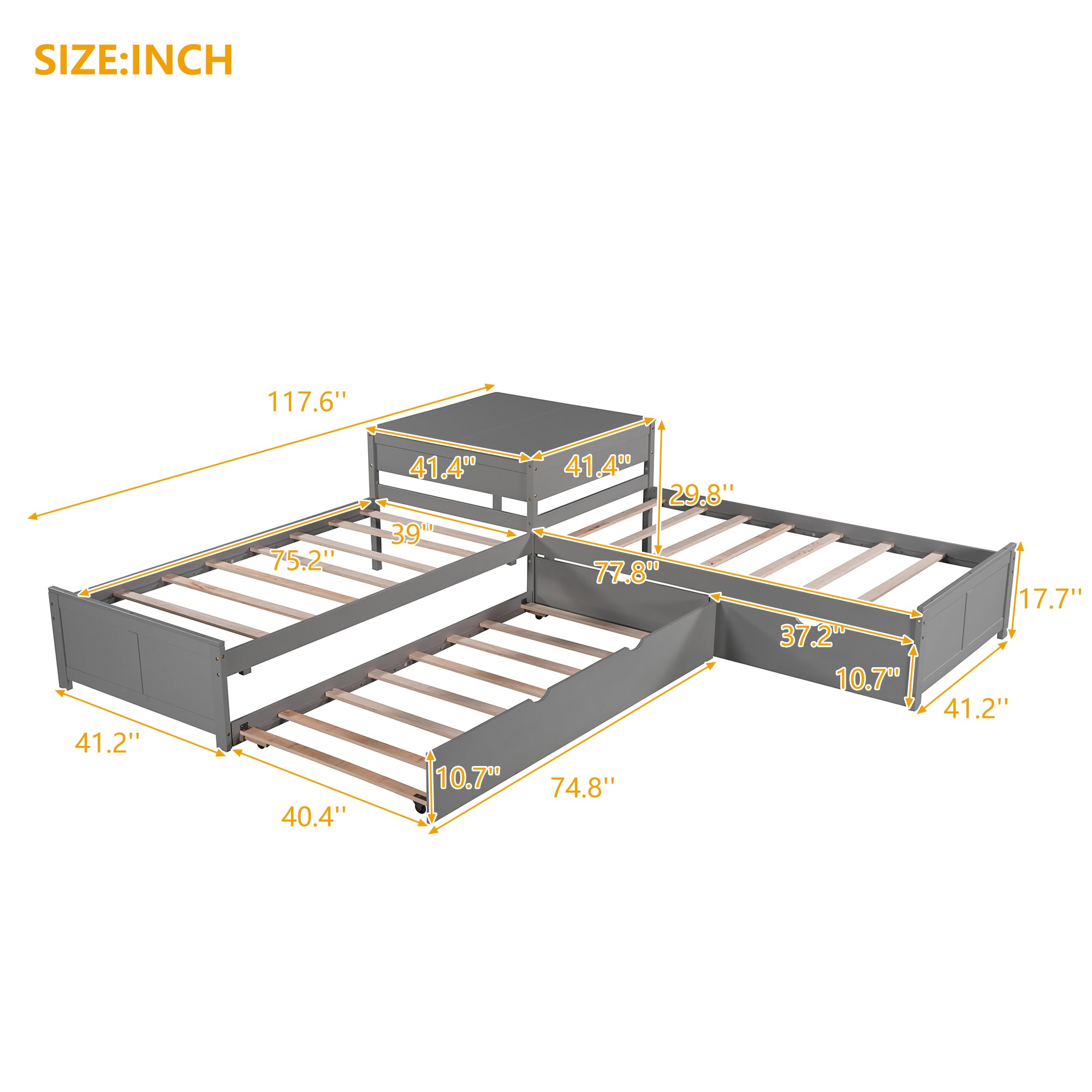 Twin Wood Frame Platform Bed with Trundle and Drawers Linked with built-in Desk