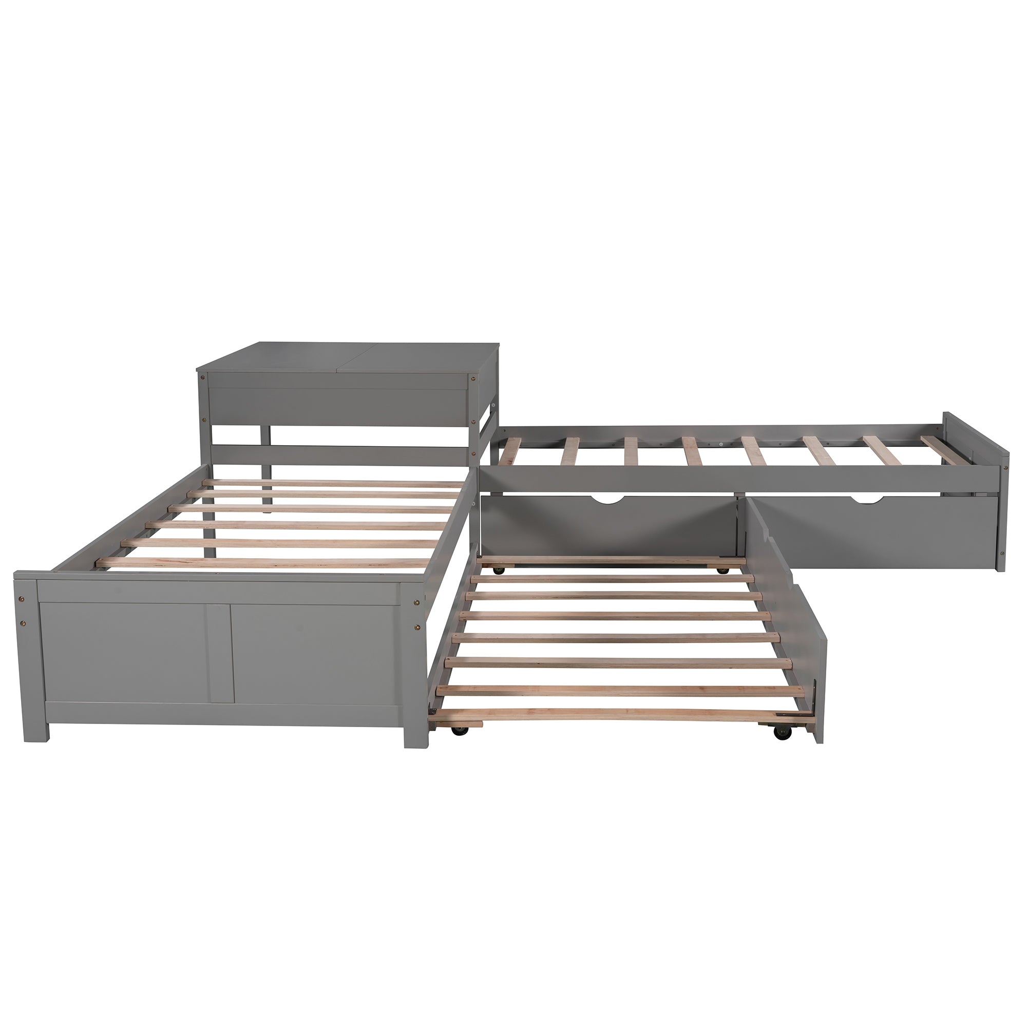 Twin Wood Frame Platform Bed with Trundle and Drawers Linked with built-in Desk
