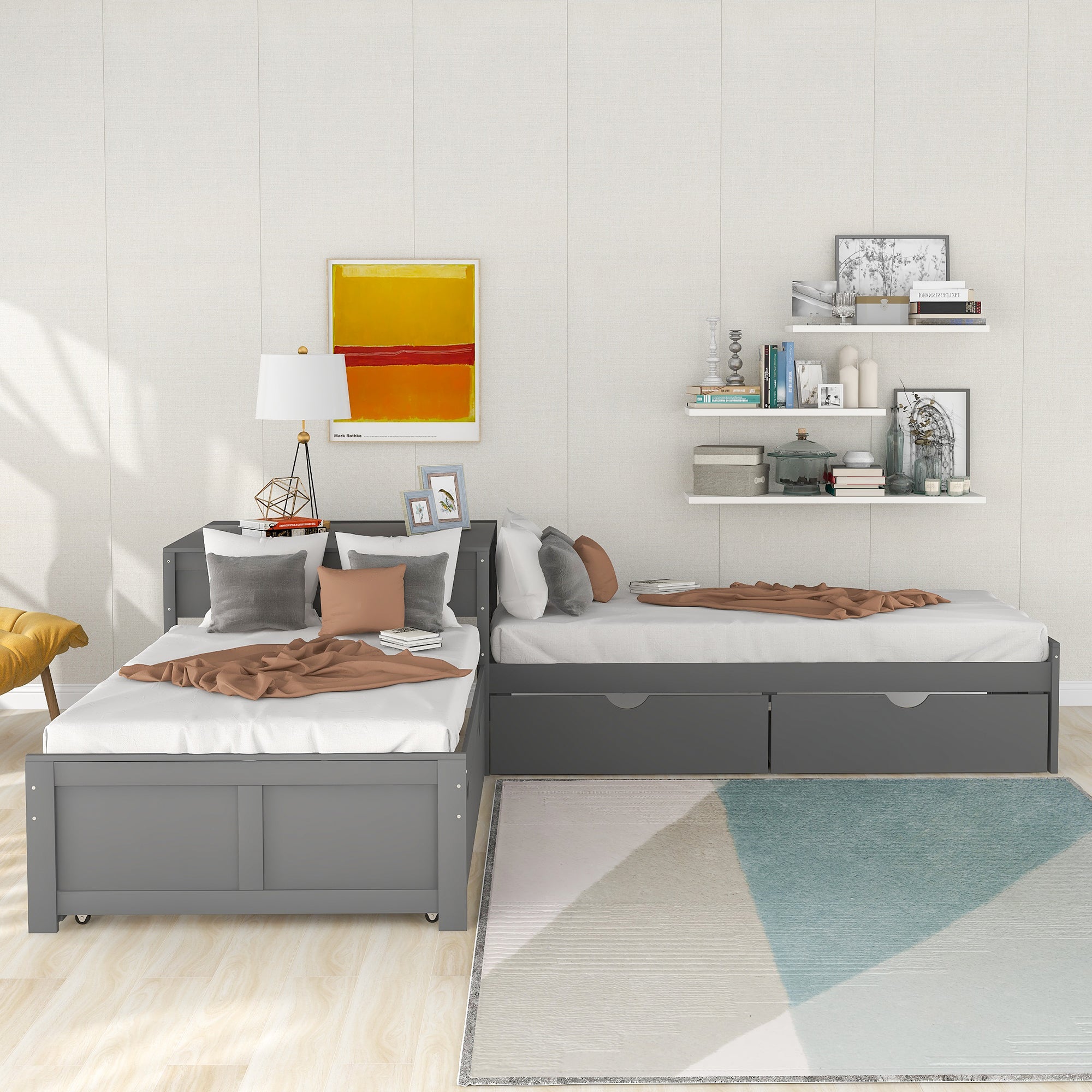 Twin Wood Frame Platform Bed with Trundle and Drawers Linked with built-in Desk