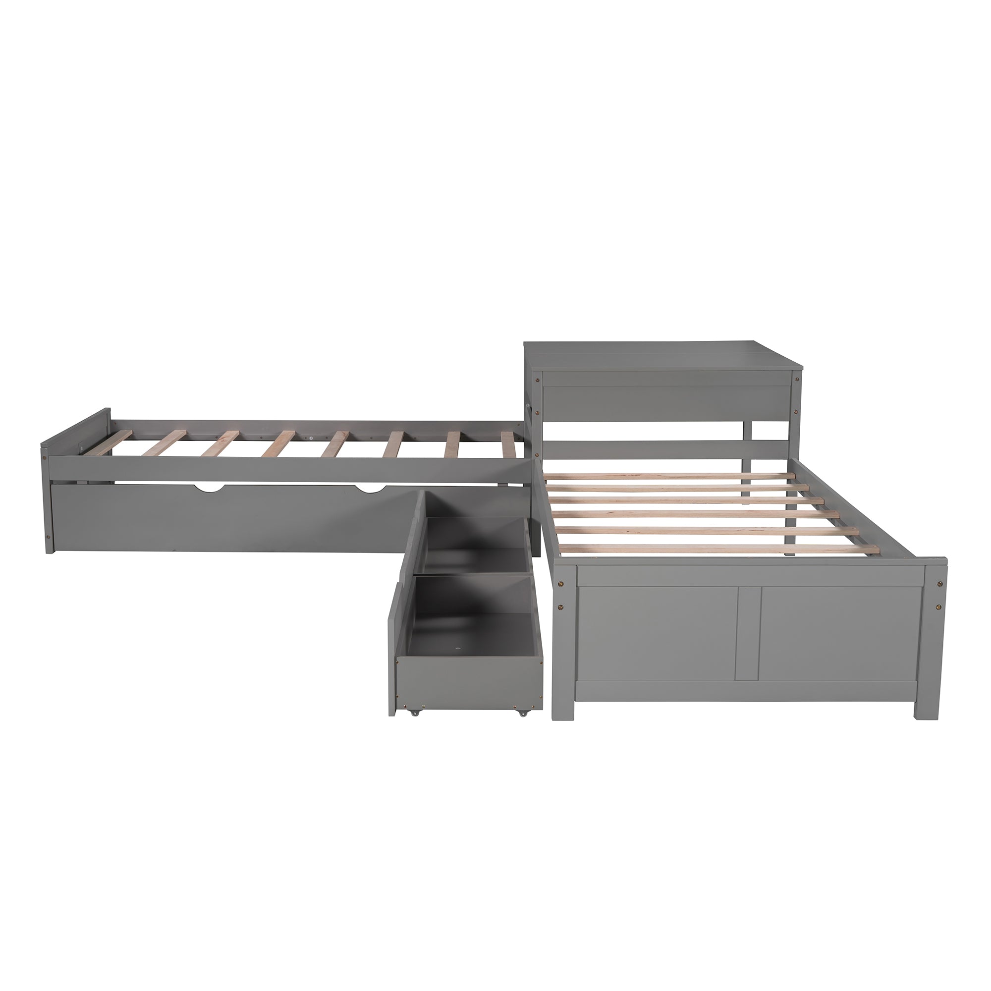 Twin Wood Frame Platform Bed with Trundle and Drawers Linked with built-in Desk