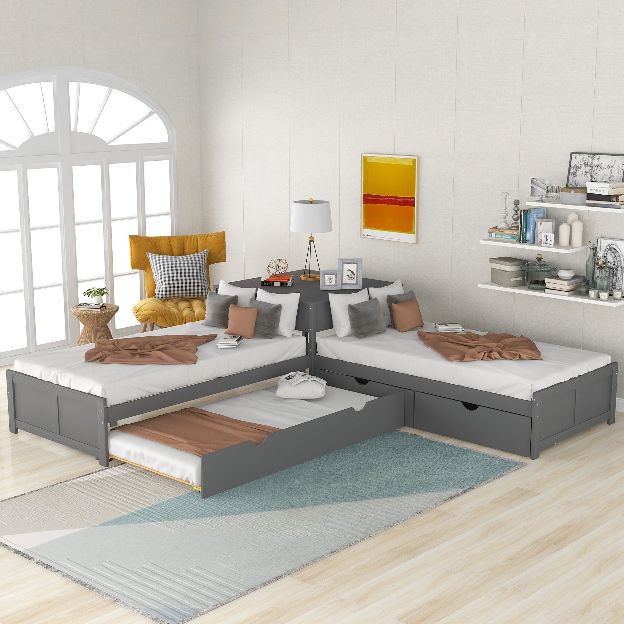 Twin Wood Frame Platform Bed with Trundle and Drawers Linked with built-in Desk