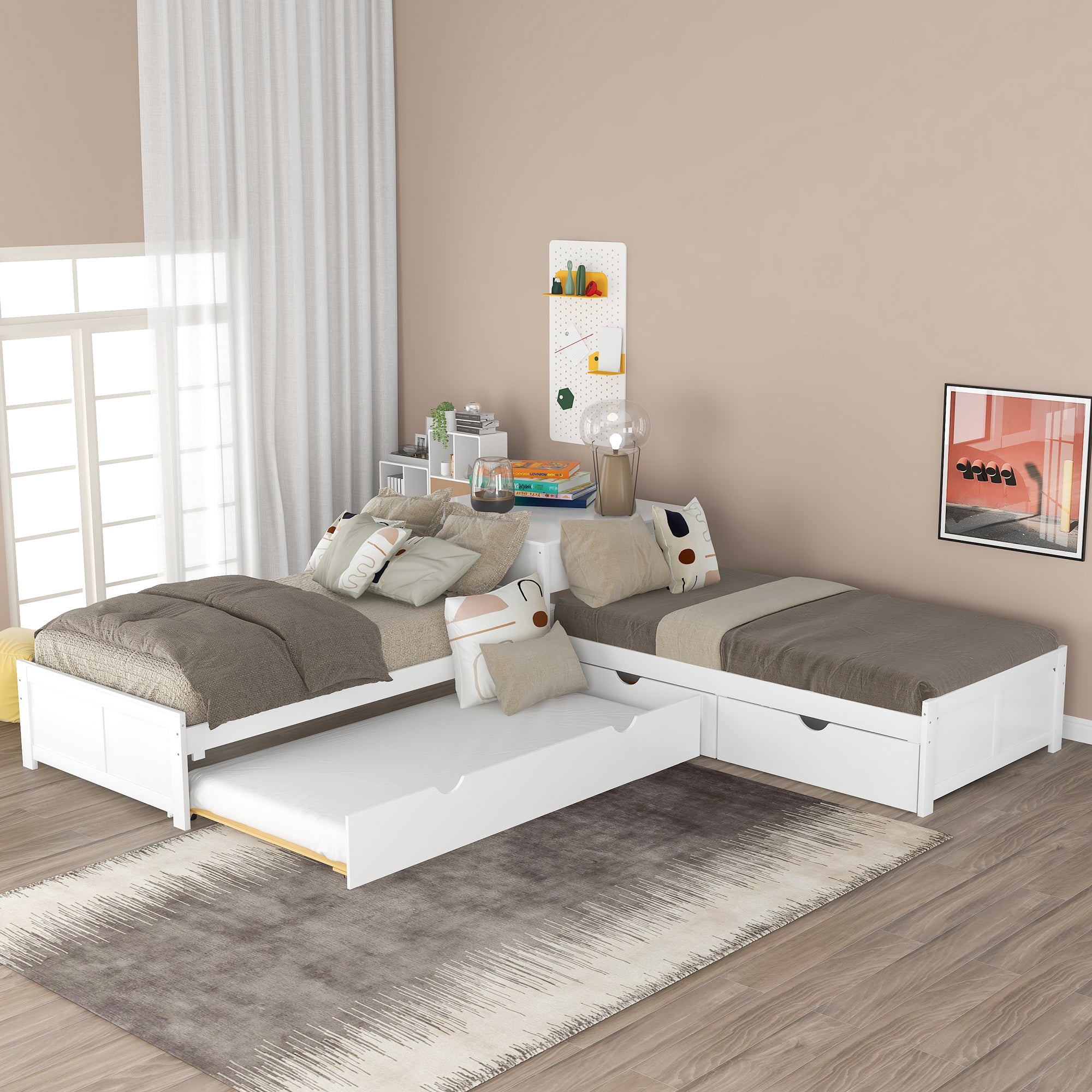 Twin Wood Frame Platform Bed with Trundle and Drawers Linked with built-in Desk