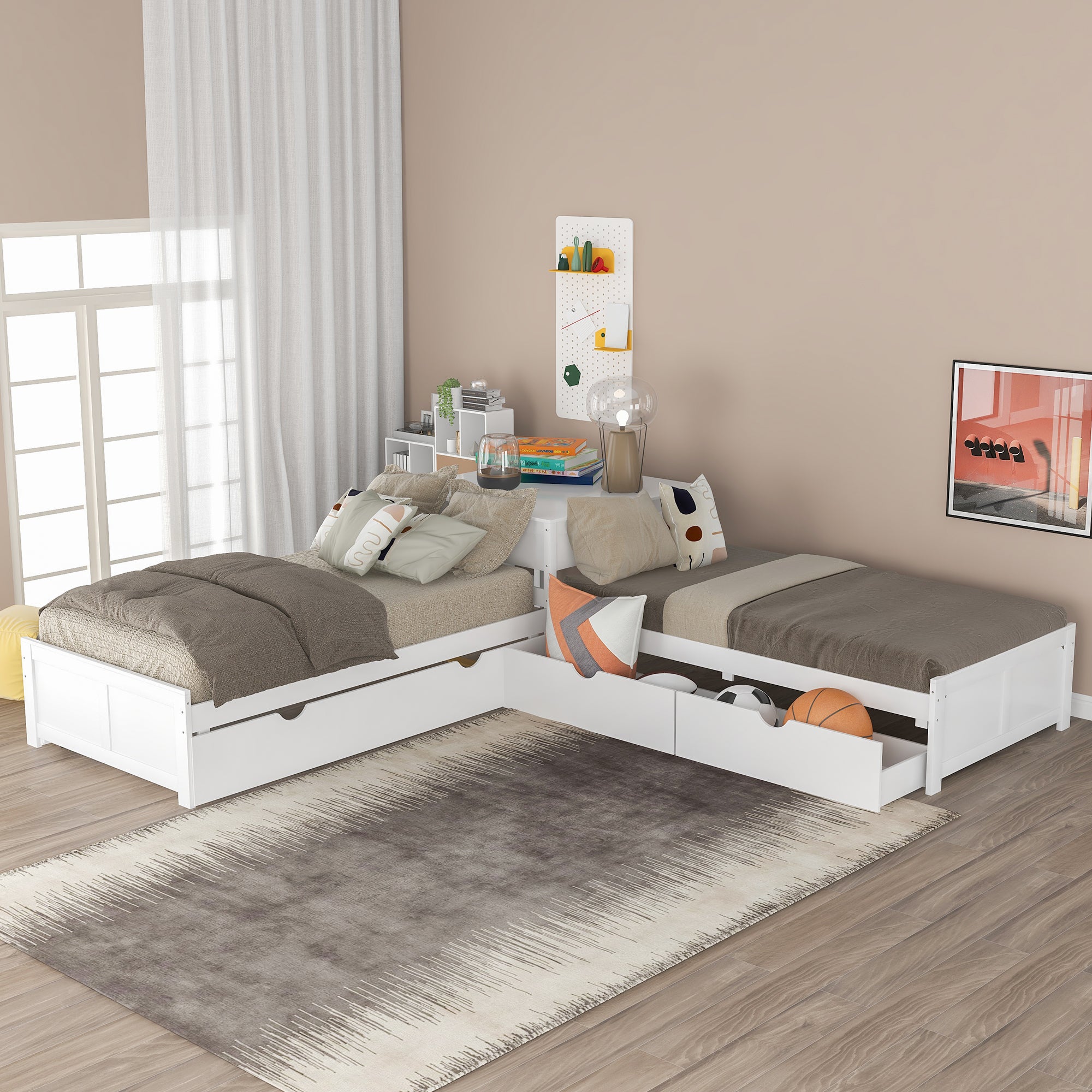 Twin Wood Frame Platform Bed with Trundle and Drawers Linked with built-in Desk