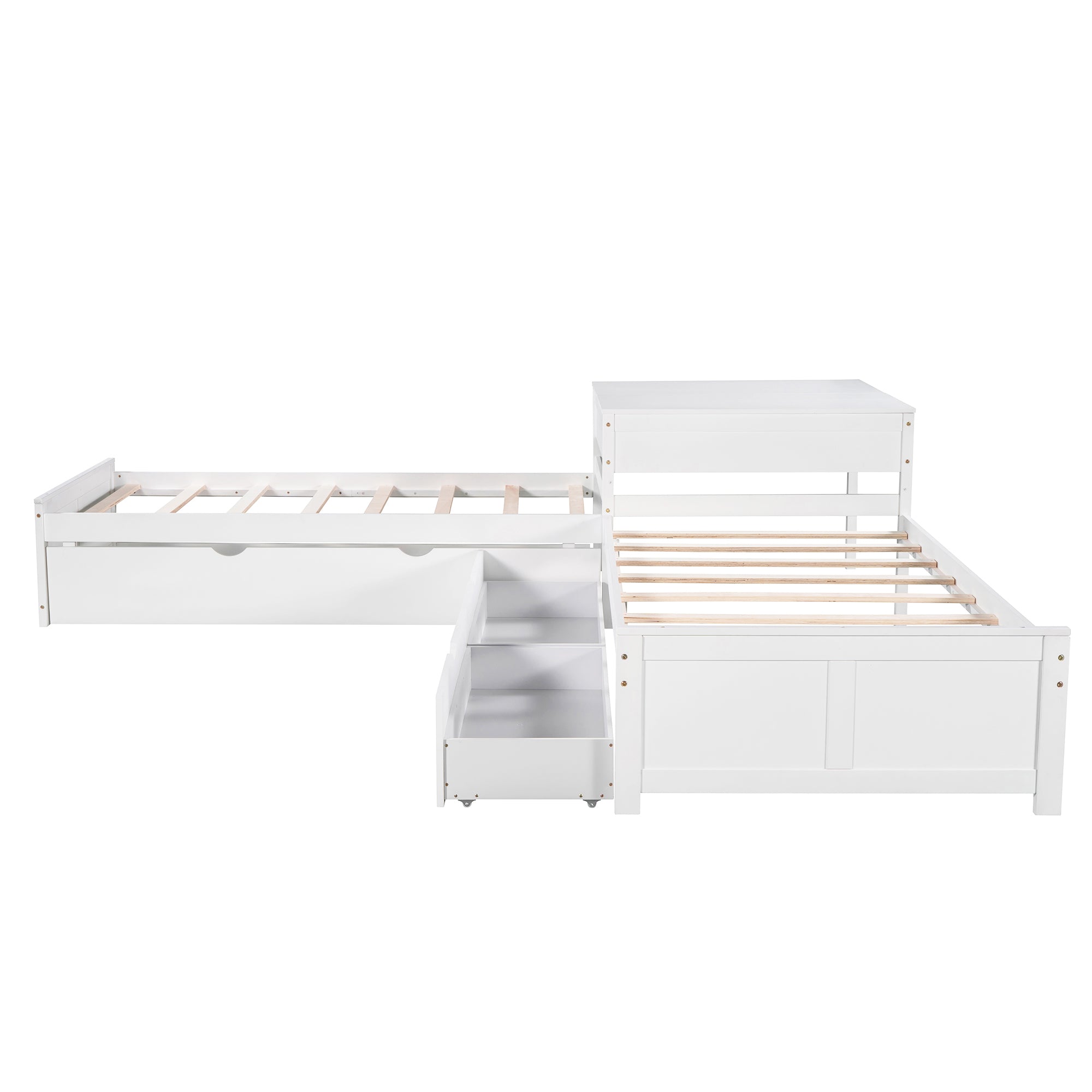 Twin Wood Frame Platform Bed with Trundle and Drawers Linked with built-in Desk