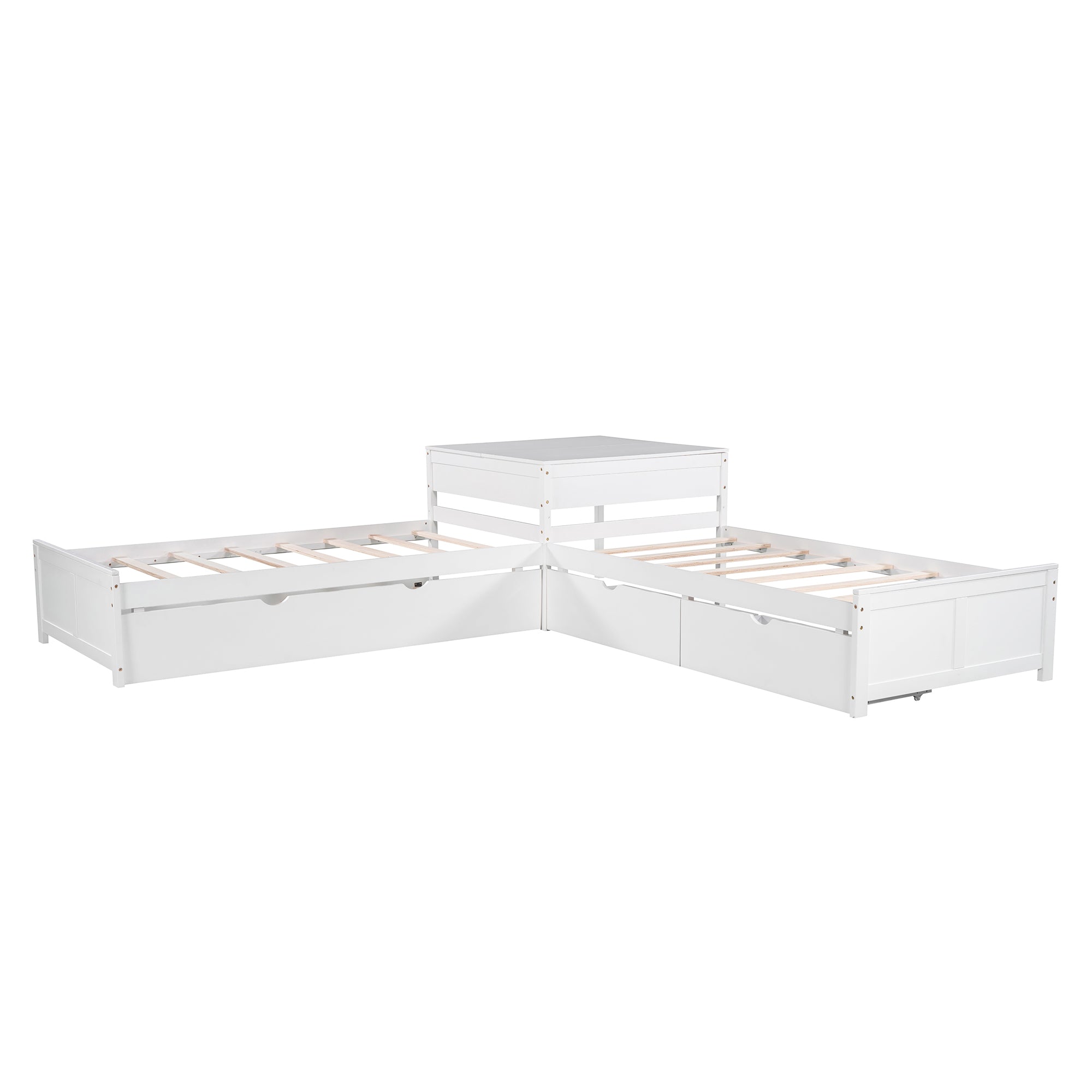 Twin Wood Frame Platform Bed with Trundle and Drawers Linked with built-in Desk