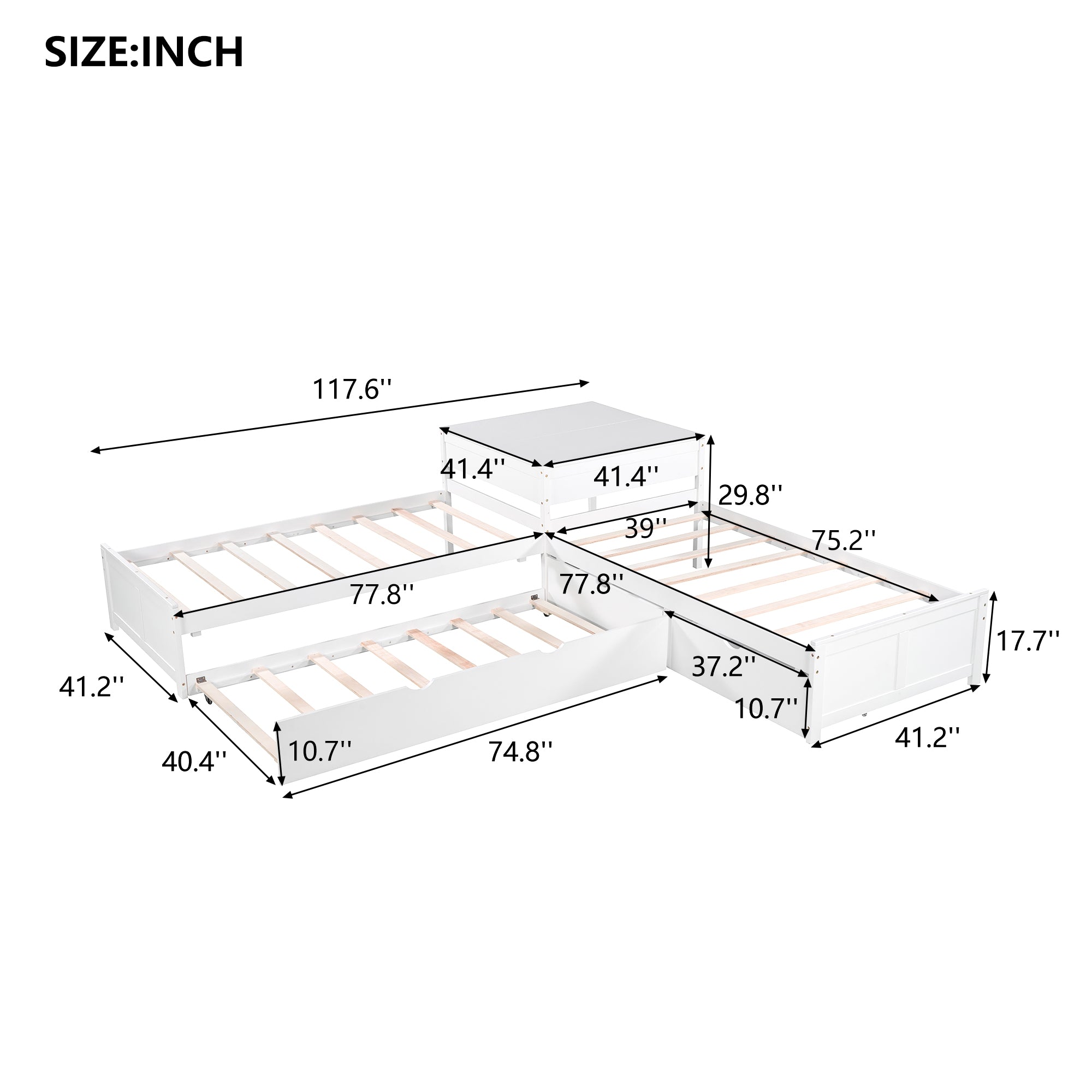 Twin Wood Frame Platform Bed with Trundle and Drawers Linked with built-in Desk