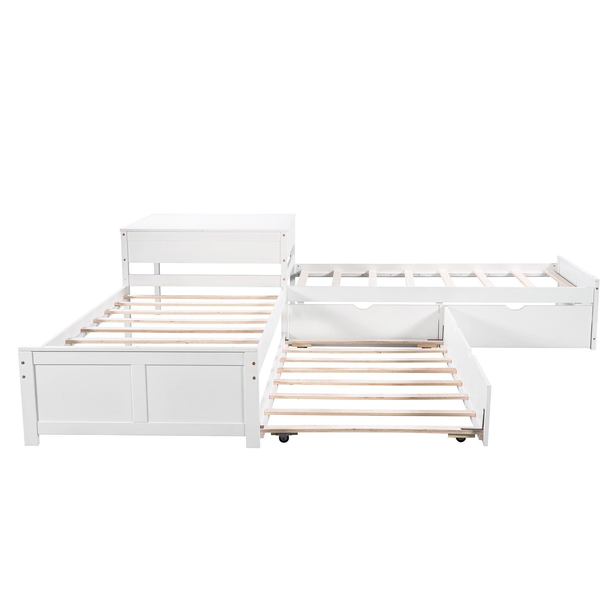 Twin Wood Frame Platform Bed with Trundle and Drawers Linked with built-in Desk