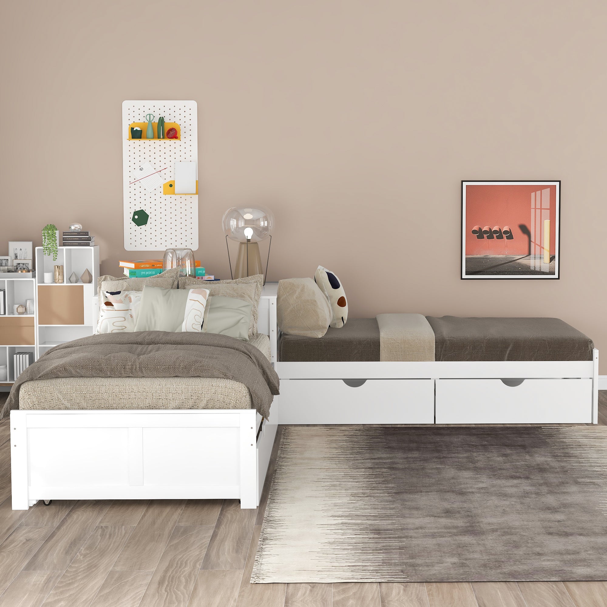 Twin Wood Frame Platform Bed with Trundle and Drawers Linked with built-in Desk