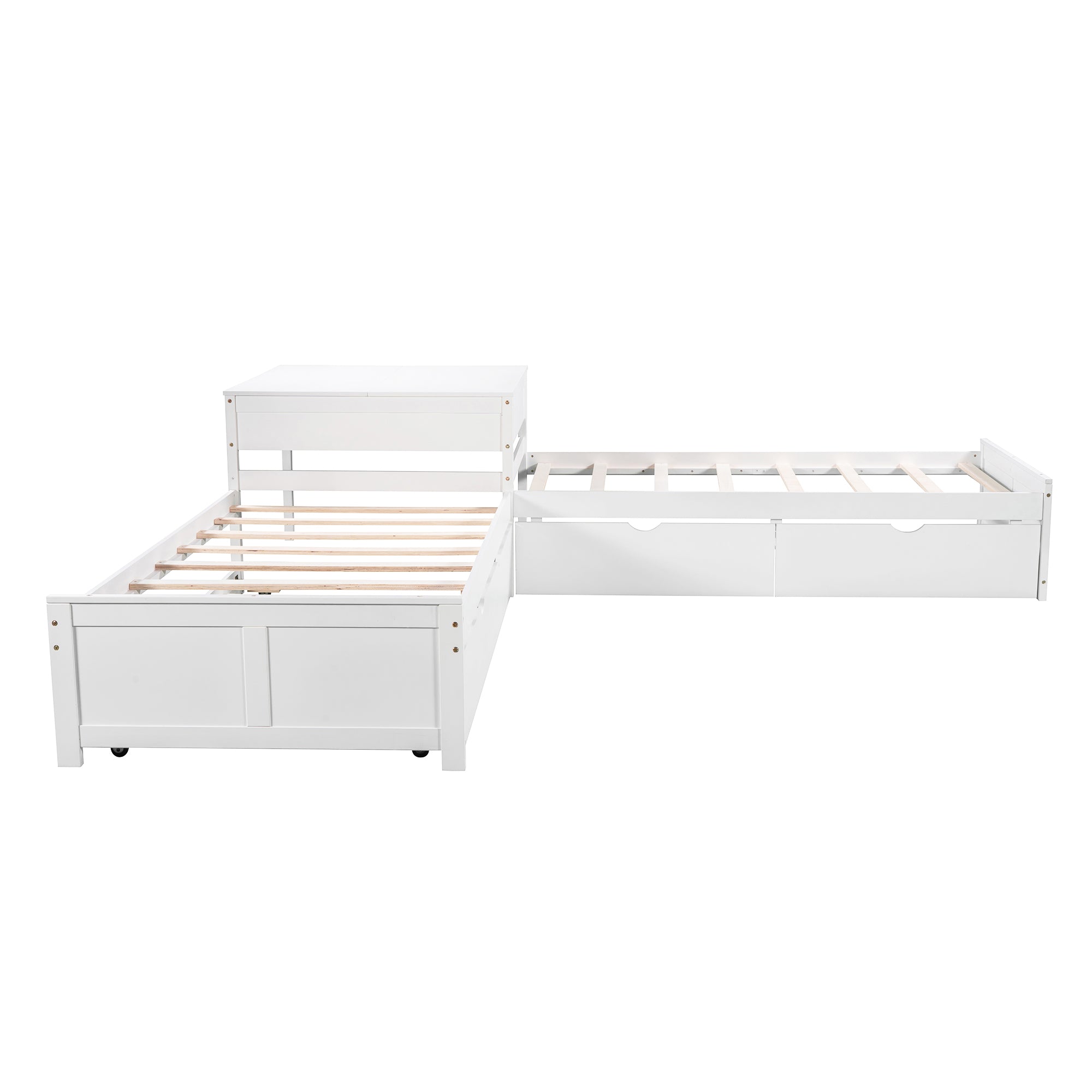 Twin Wood Frame Platform Bed with Trundle and Drawers Linked with built-in Desk