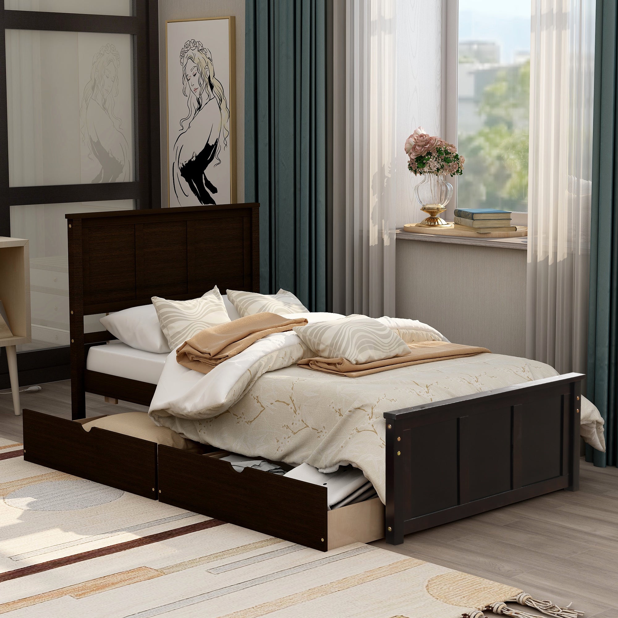 Twin Wood Frame Platform Bed with 2 Drawers