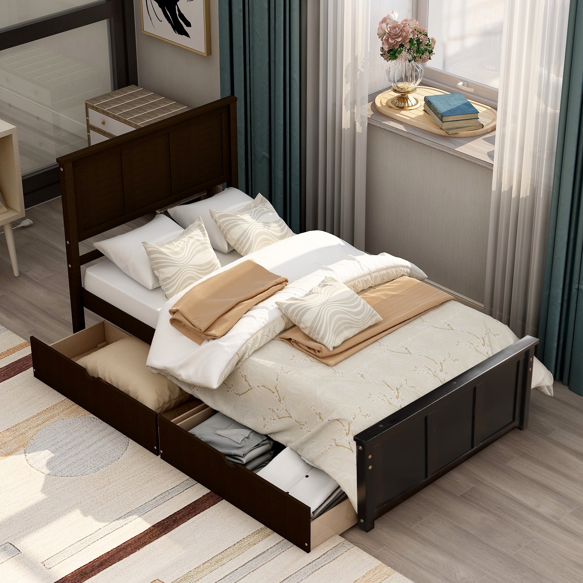 Twin Wood Frame Platform Bed with 2 Drawers
