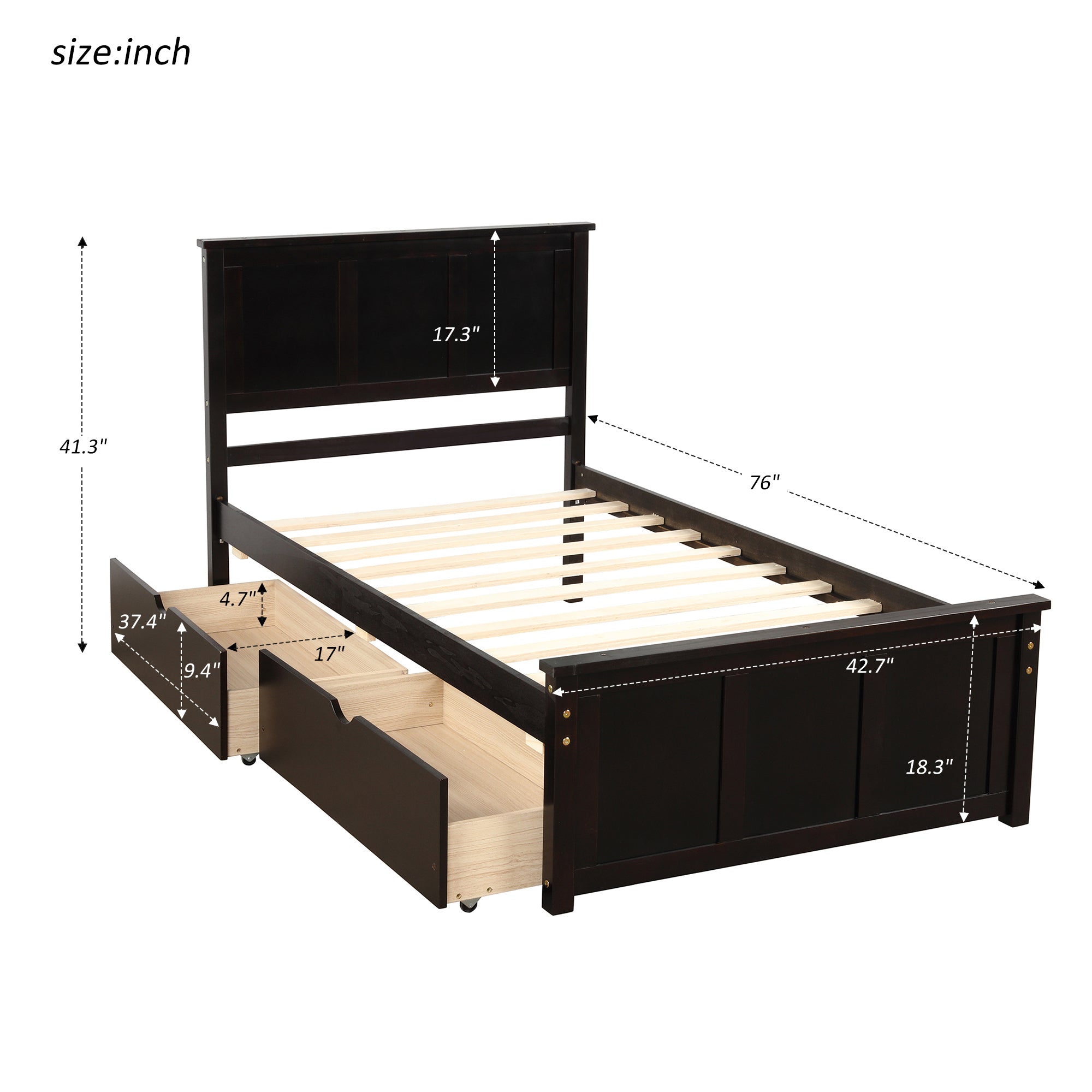 Twin Wood Frame Platform Bed with 2 Drawers