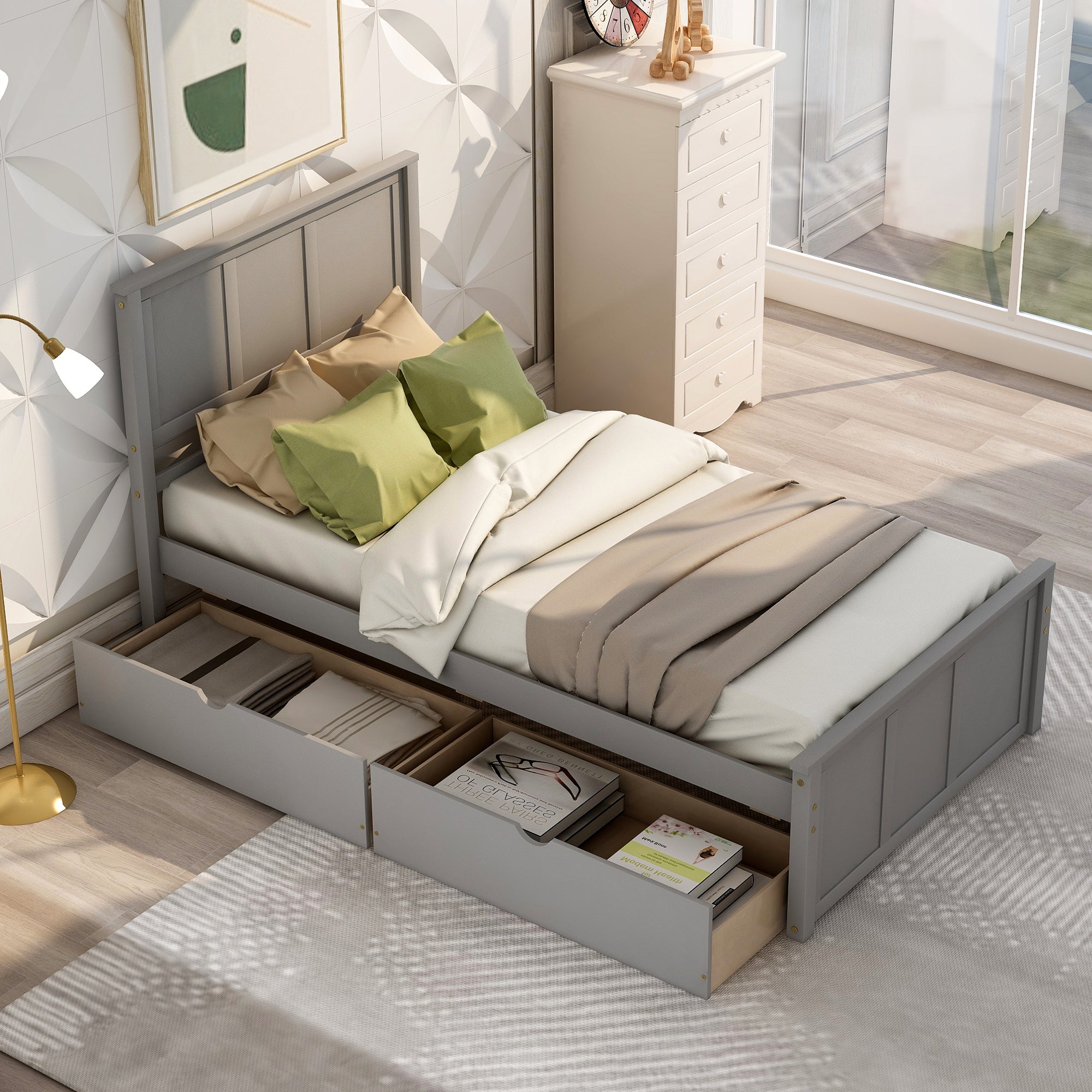 Twin Wood Frame Platform Bed with 2 Drawers